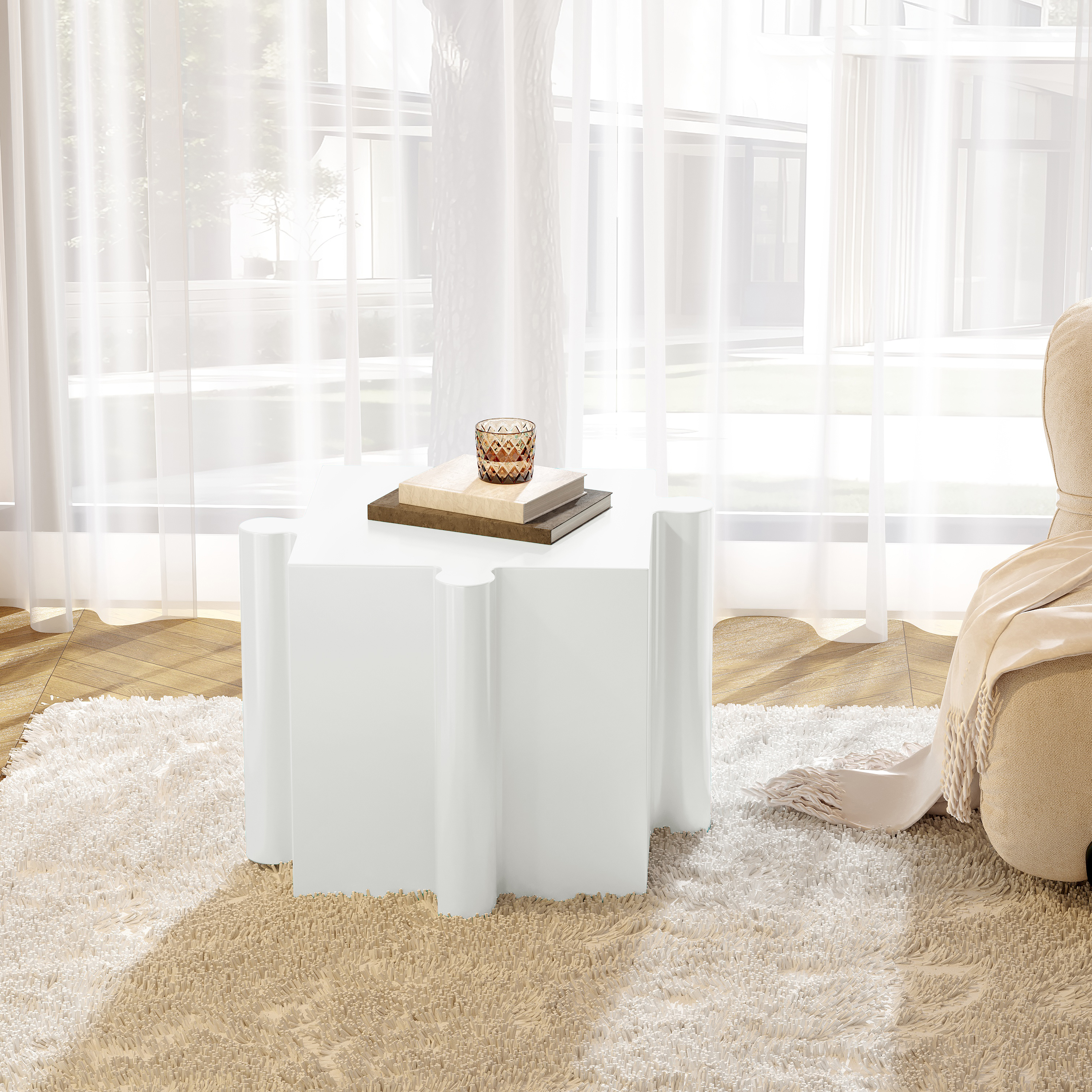 Mesa auxiliar Puzzle Art modular MGO, borde convexo, interior/exterior, blanca