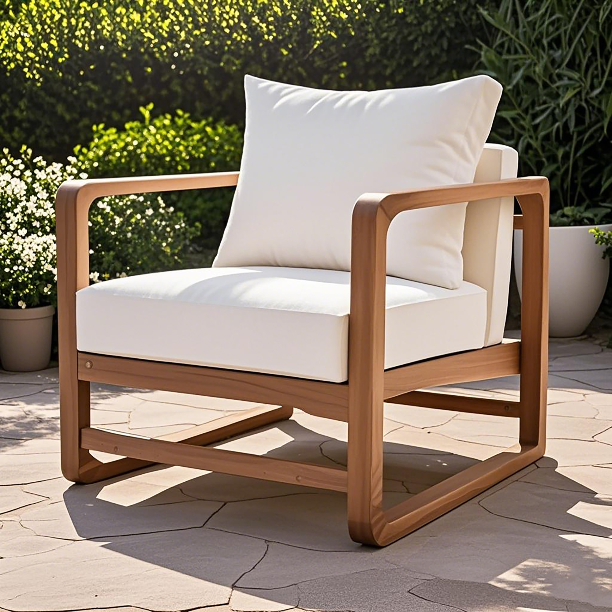 Sillón de exterior de madera de acacia, asiento extragrande con cojines beige