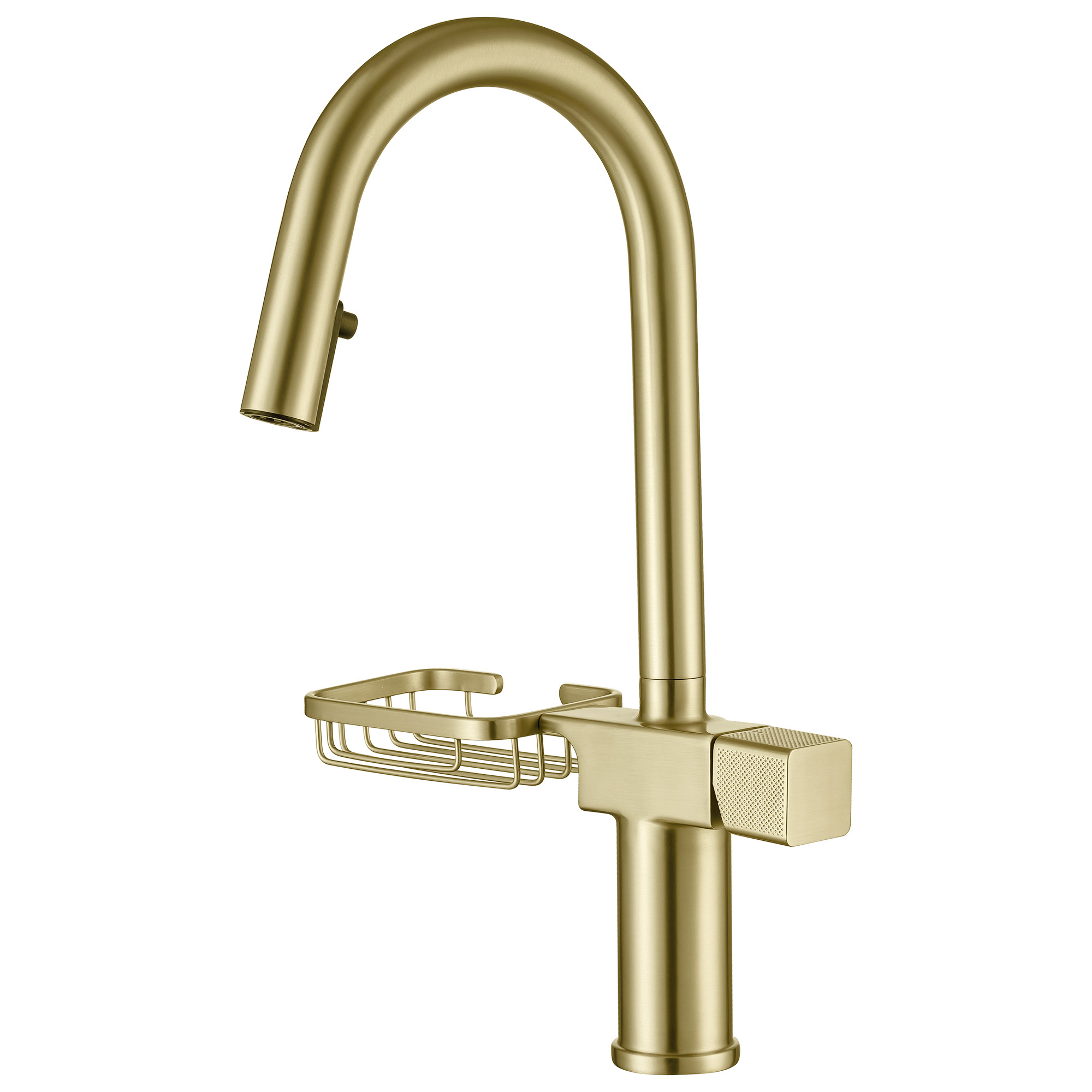 Grifo de cocina de arco alto, extraíble, monomando, acero inoxidable, dorado cepillado