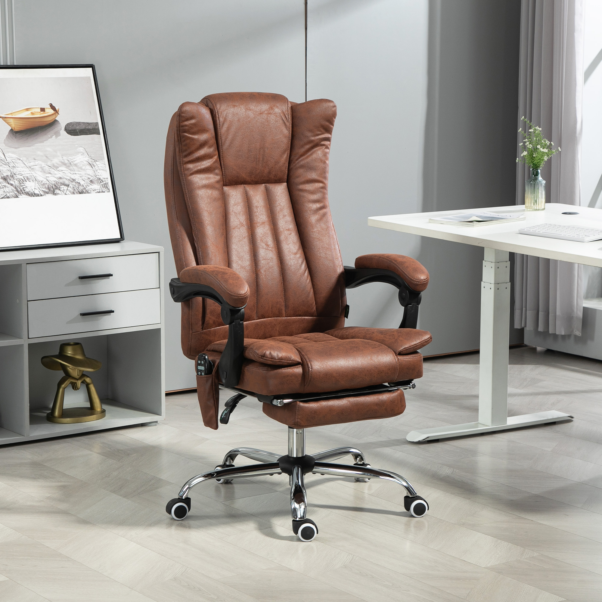 Silla de oficina con masaje y calor, reclinable, altura ajustable, marrón