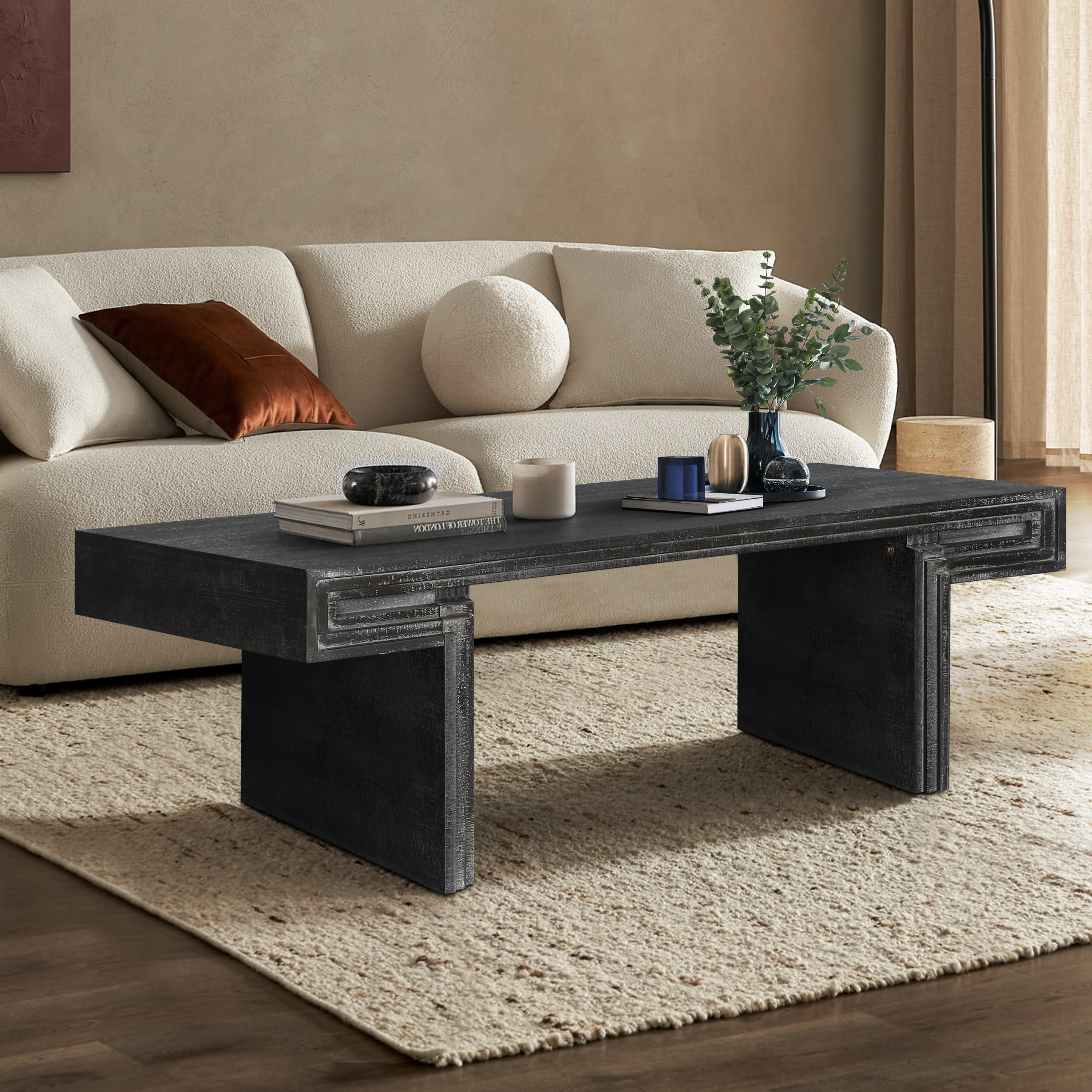 American Vintage Industrial Coffee Table, Premium Reclaimed Wood Texture Rectangular Design, Double-Tier Structure With Rustic Finish, Easy Assembly For Living Room & Office, Antique Black