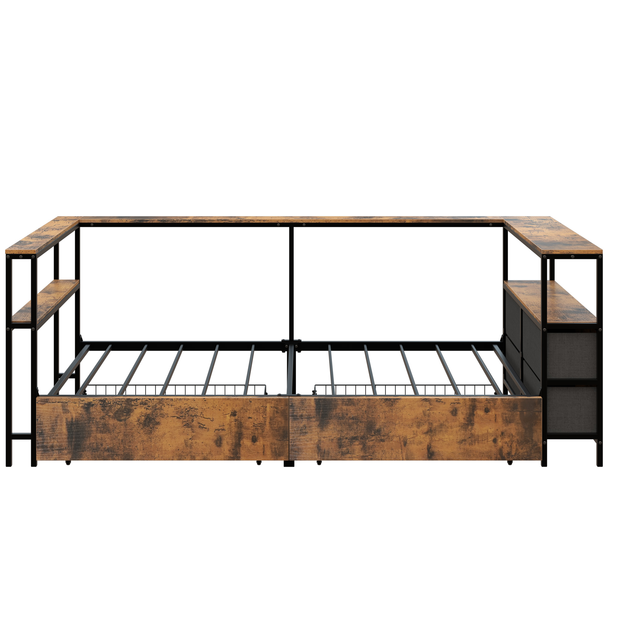 Cama diván esquinera individual con cajones de almacenamiento, estructura de metal, negro