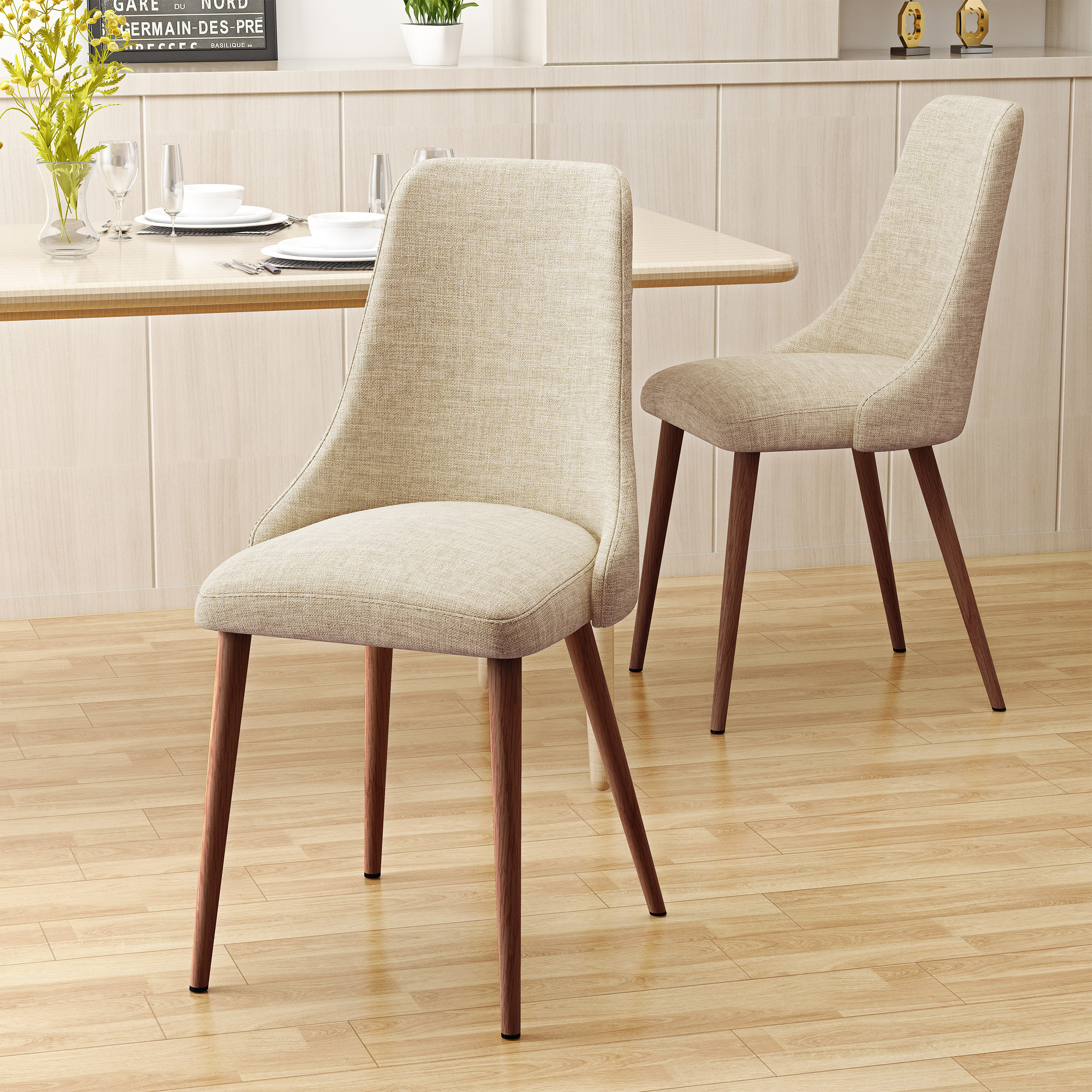 Mid Century Modern Fabric Armless Dining Chairs, Set Of 2, Wheat And Dark Walnut