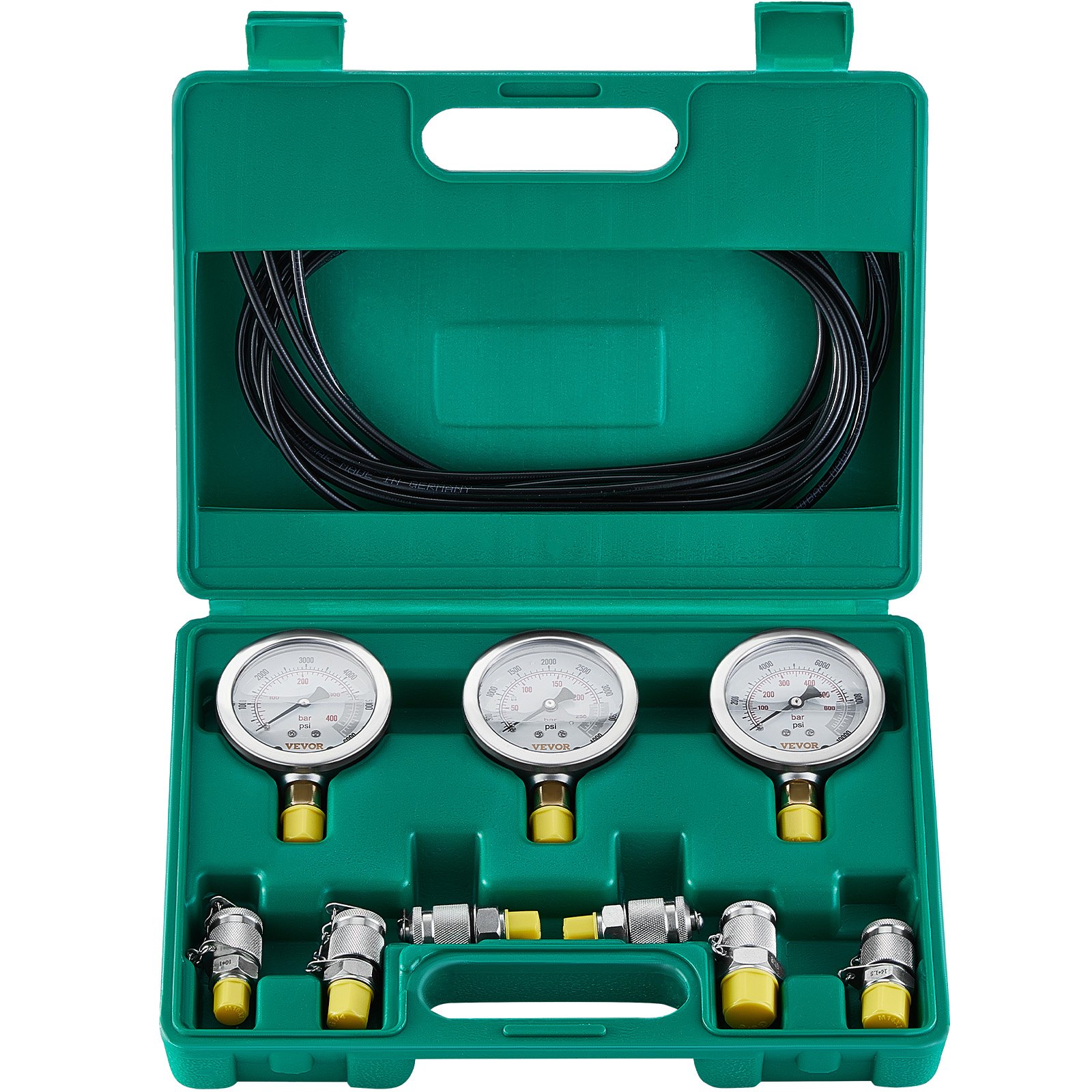 Kit de prueba de presión hidráulica 250/400/600 bar, 3 manómetros, 6 acoplamientos, con estuche