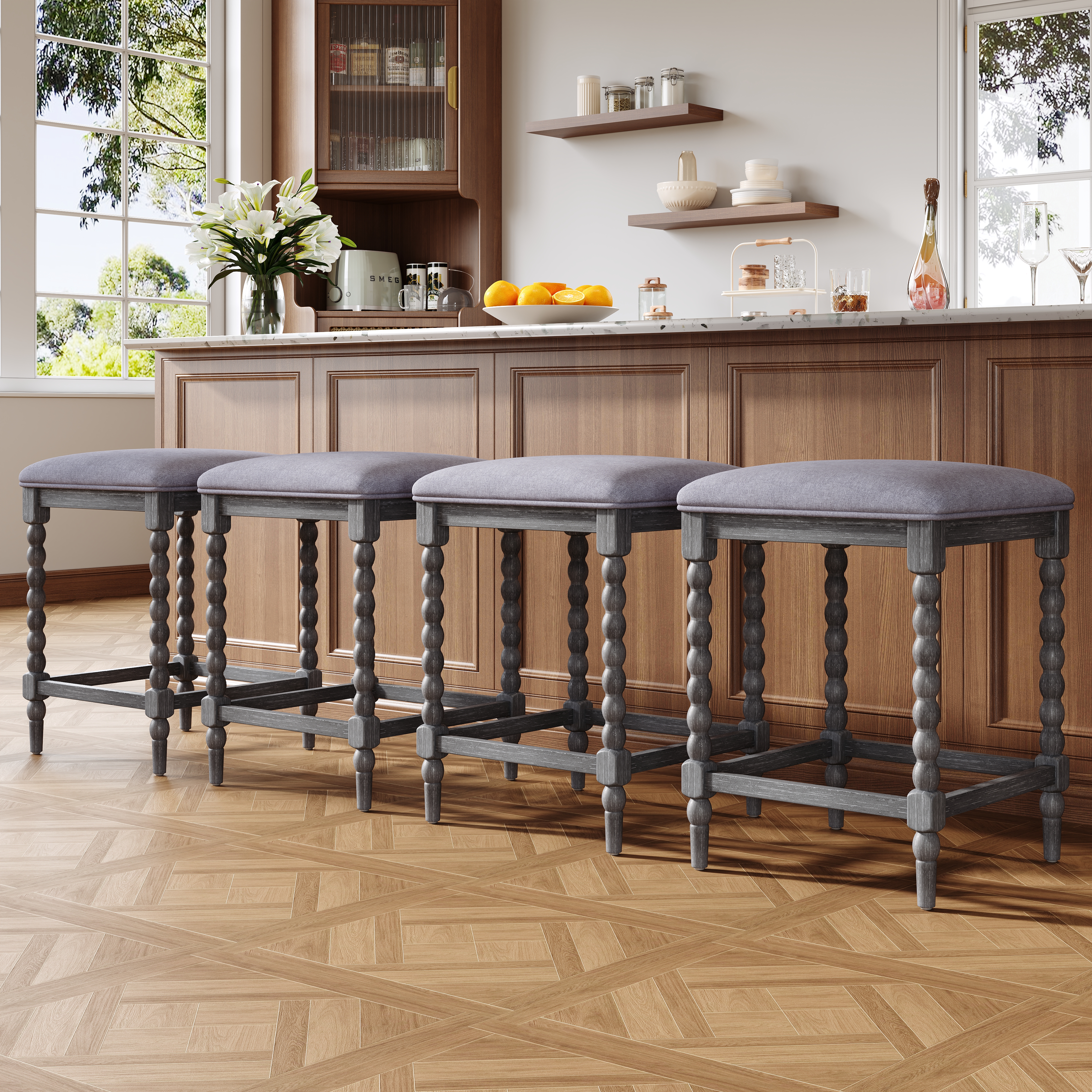 26Counter Stools,Set Of 4 With Upholstered Seat, Solid Acacia Wood Frame, Foam-Padded Seat, Open Airy Design For Kitchen Island And Bar, Gray
