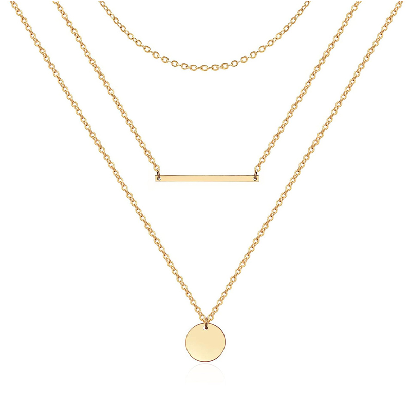 3pcs Dainty Layered Choker Necklace, Handmade 14K Gold Plated Y Pendant Necklace Multilayer Bar Disc Necklace Adjustable Layering Choker Necklaces For Women