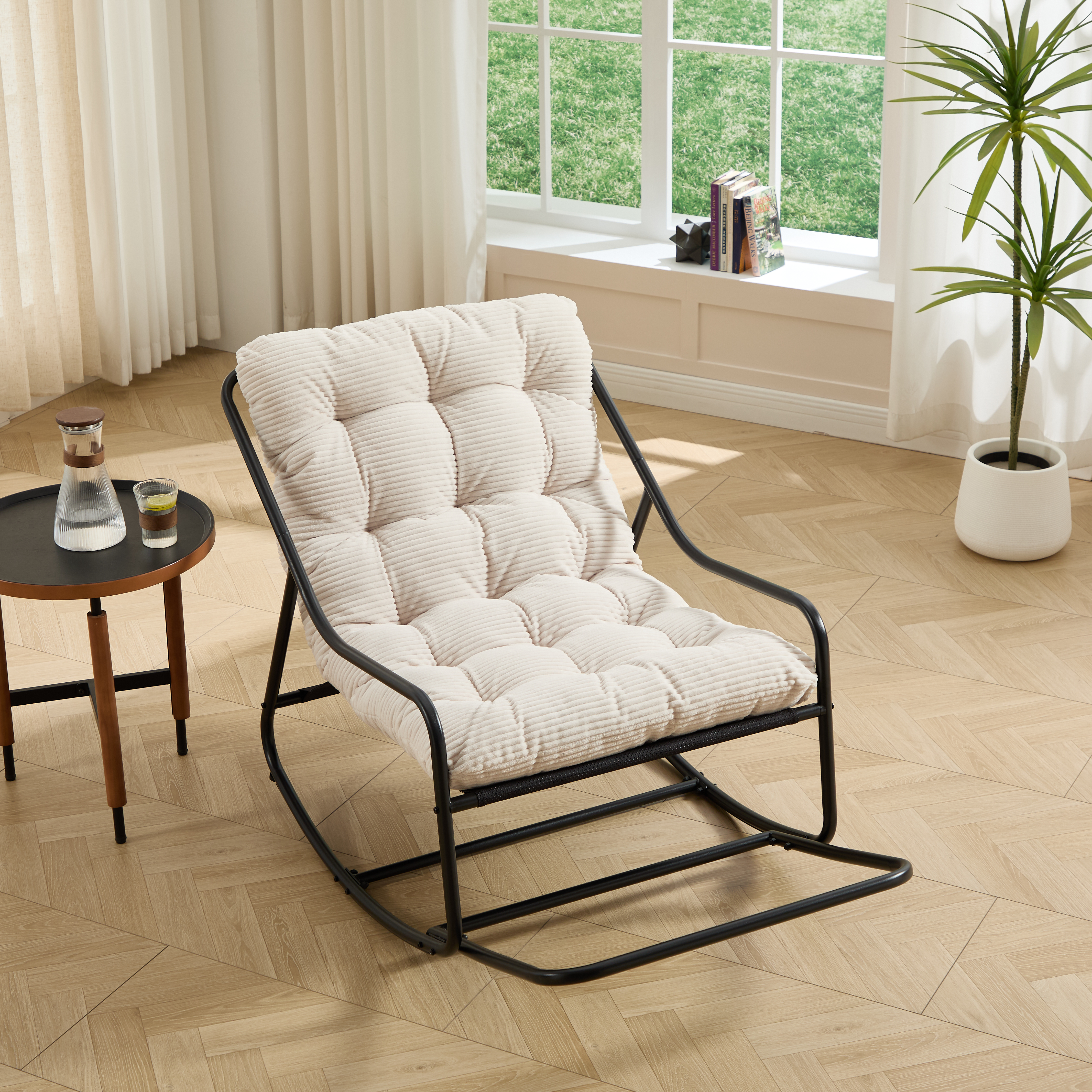 Outdoor Rocking Chair, Comfy Cushion, With Soft Thick Cushion,for Living Room, Bedroom, Reading Room, Black Frame With White Cushion