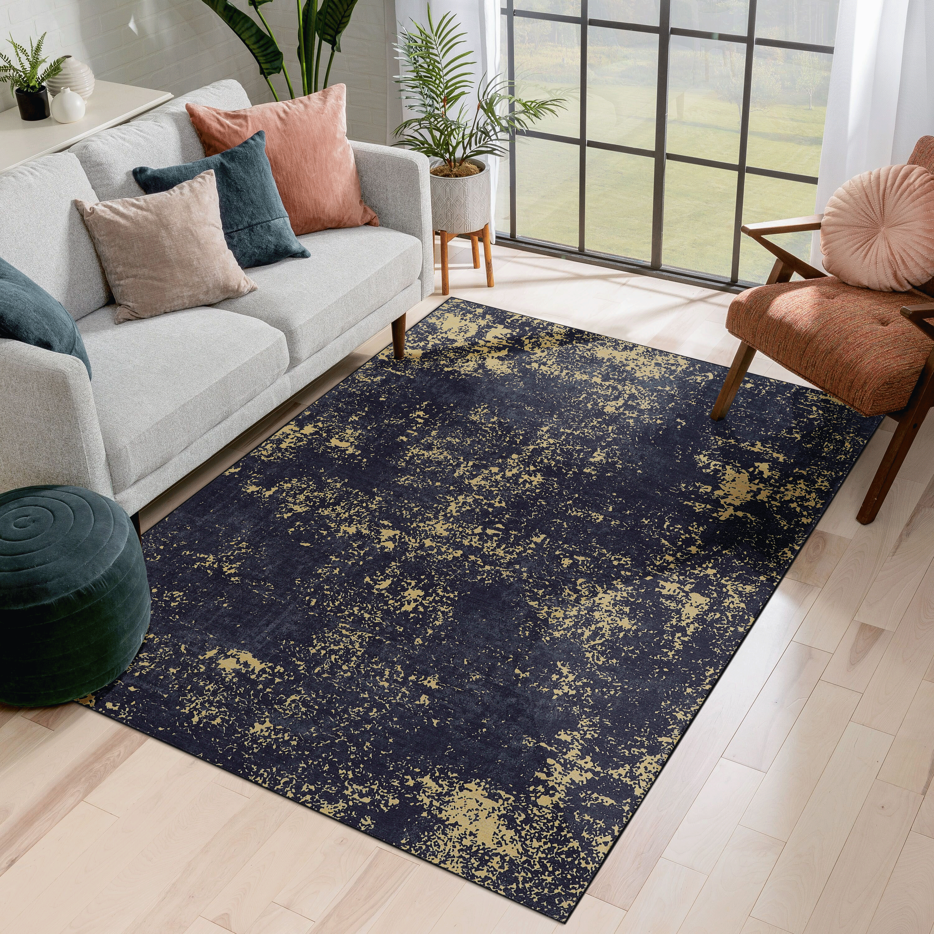 MAVAL Alfombra lavable de área 9x12, negro y dorado