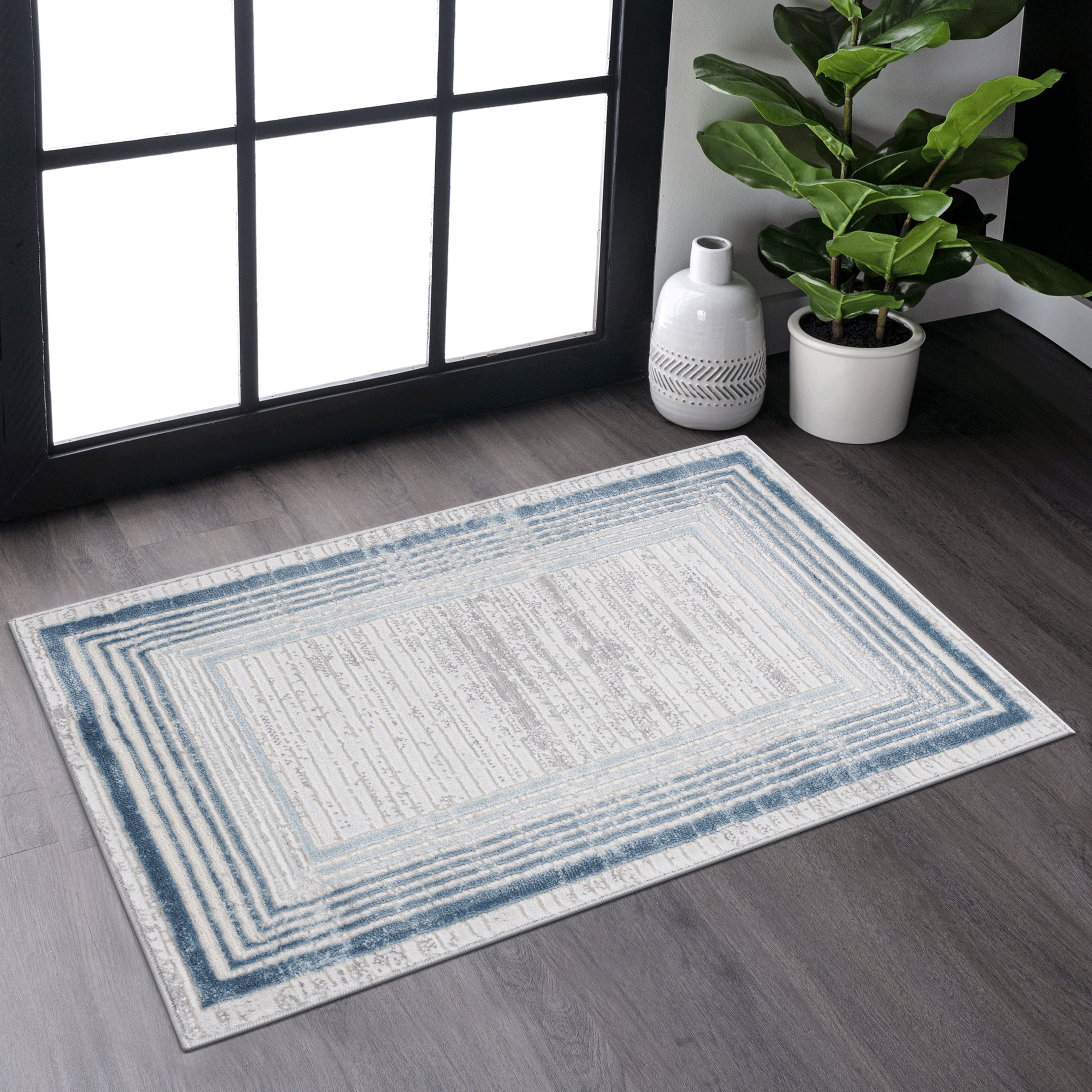 MARFI 2X3 Blue  Ivory  Bordered Doormat Rug