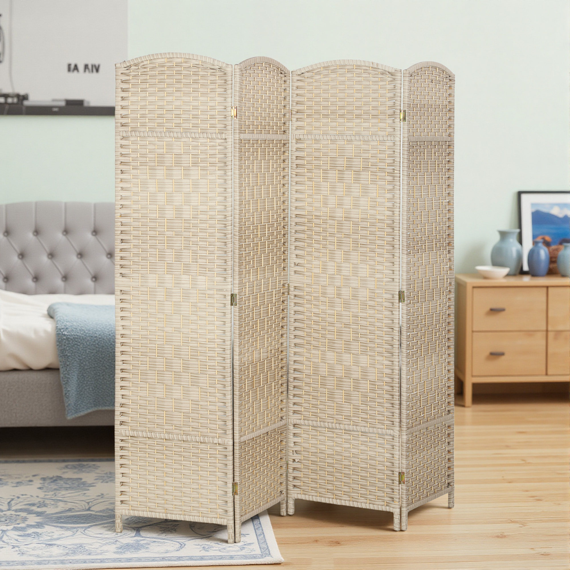Divisor de ambientes plegable de madera, 4 paneles, 6 pies de alto, roble lavado