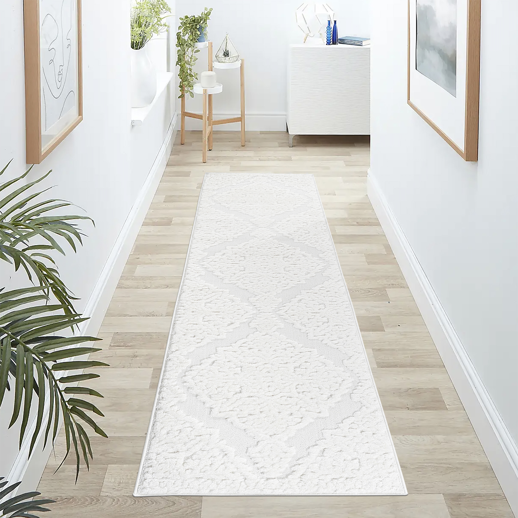 Alfombra de pasillo Step Collection, medallón alto-bajo, crema, 2'2''x8', no suelta pelo