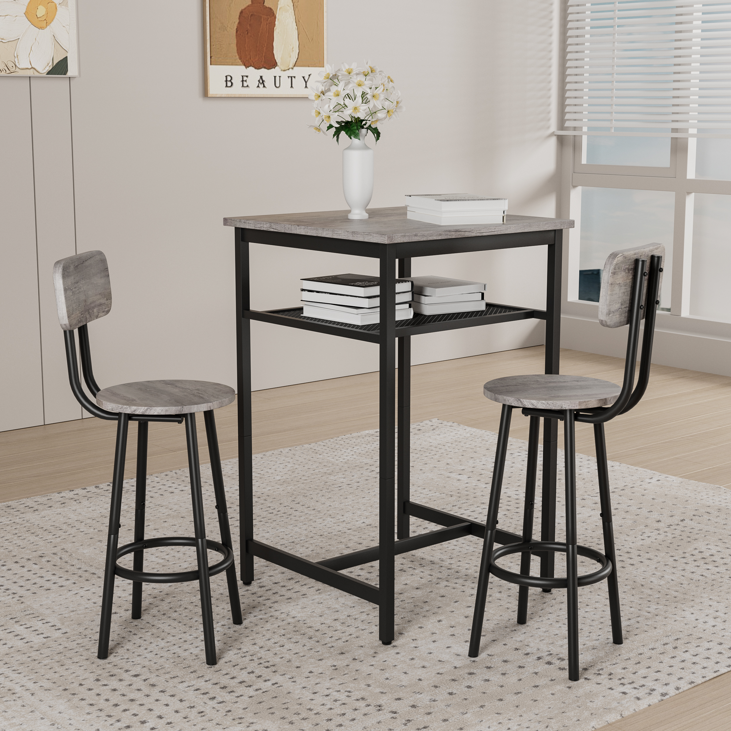 Bar Table, Equipped With 2 Bar Stools , With Backrest And Partition