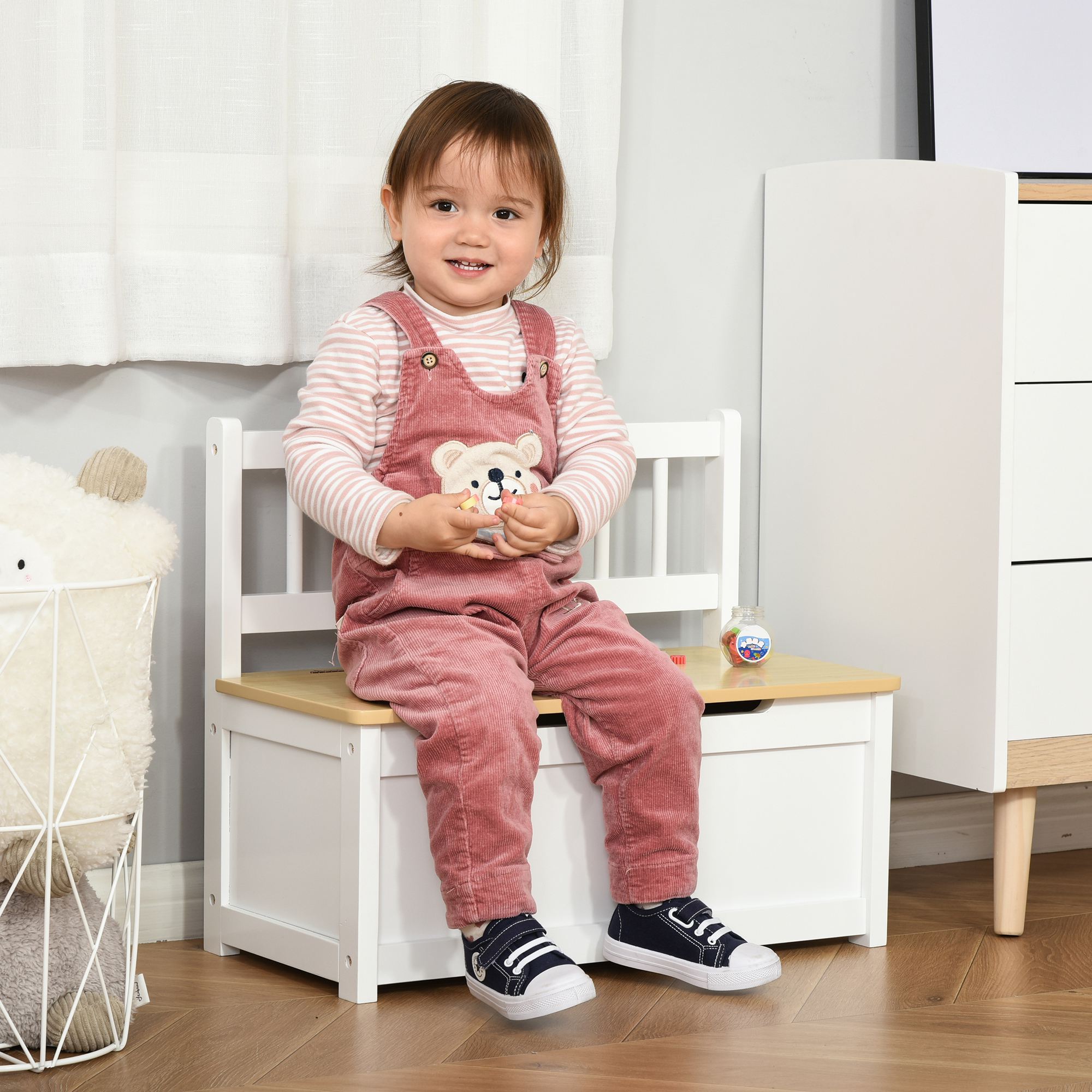 Organizador de juguetes de madera 2 en 1, caja de almacenamiento con banco, blanco