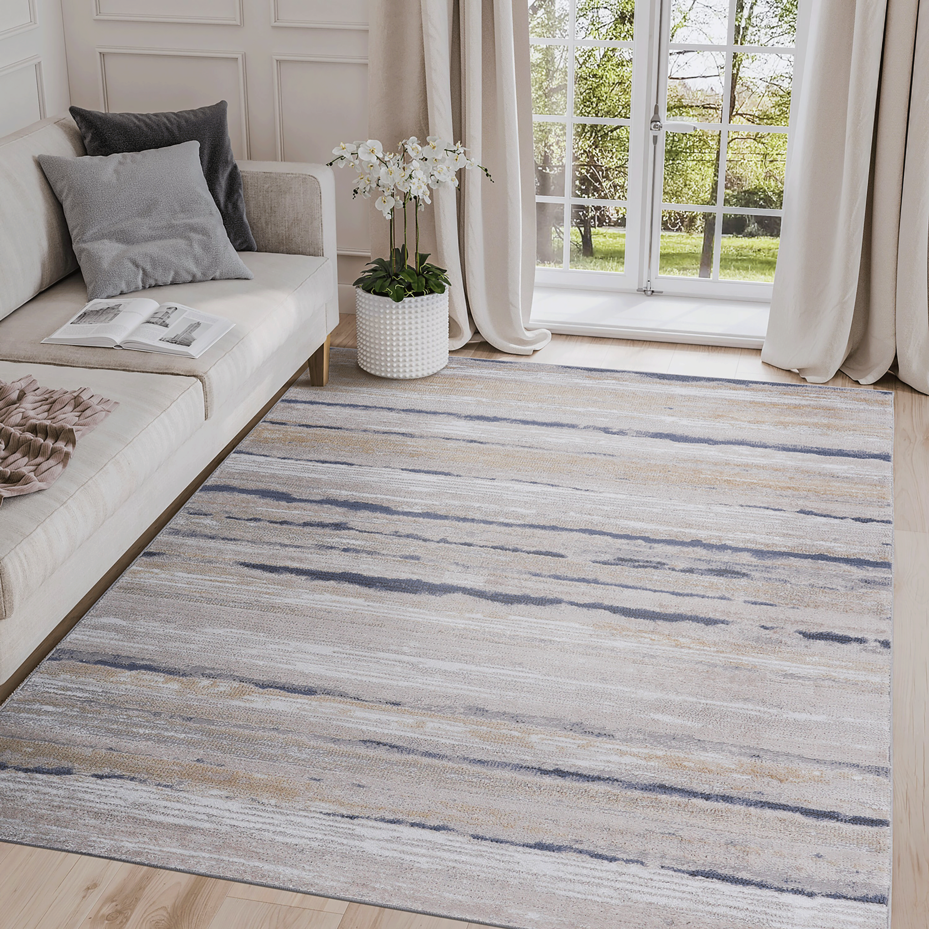 Alfombra de área PAYAS 8x10 a rayas, azul marfil