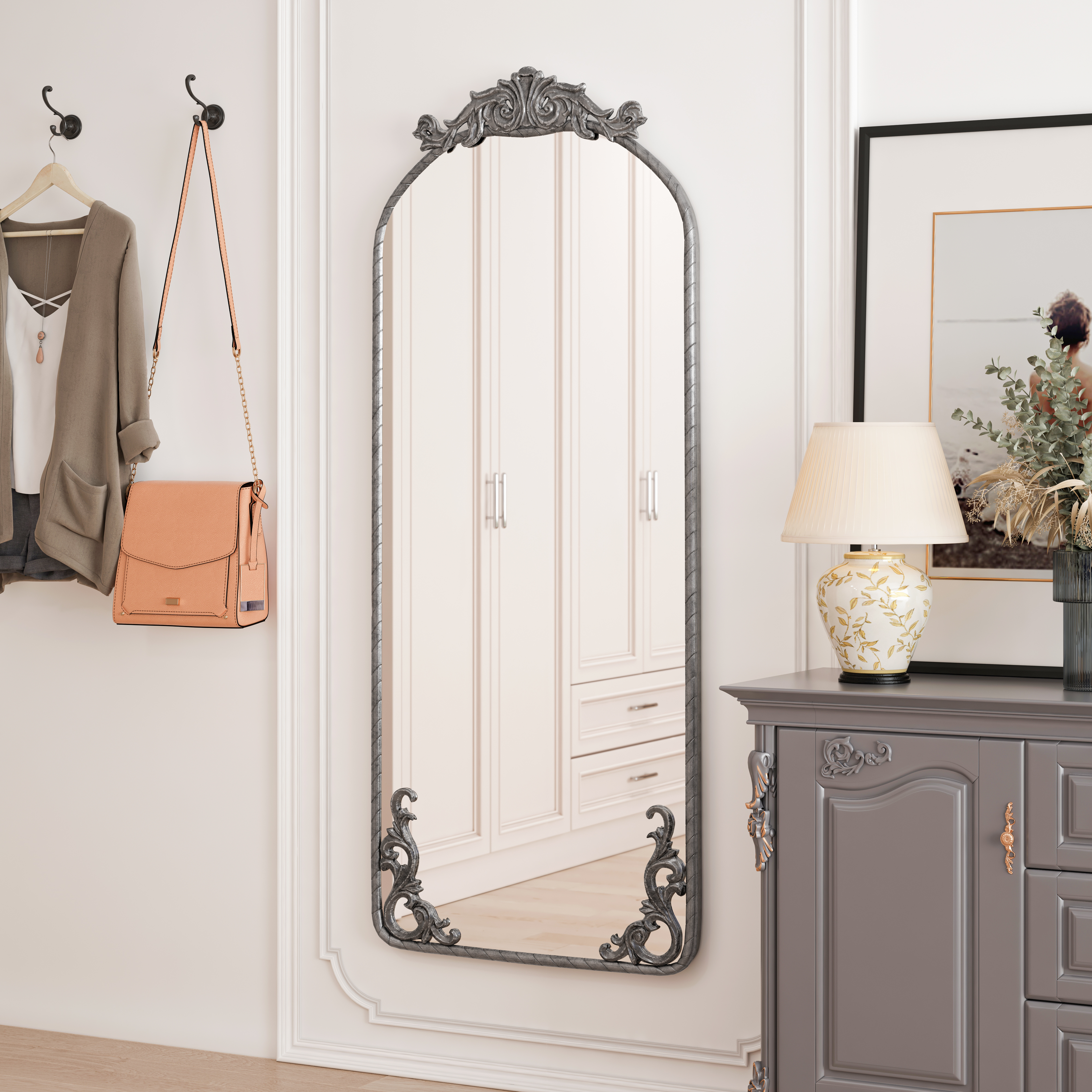 58x24 Arched Full Body Mirror With Vintage Ornate Carved Applique On Top And Bottom, Hanging Wall Mounted Mirror, For Living Room Bedroom Retro Home Decor Mirror, Antique Silver