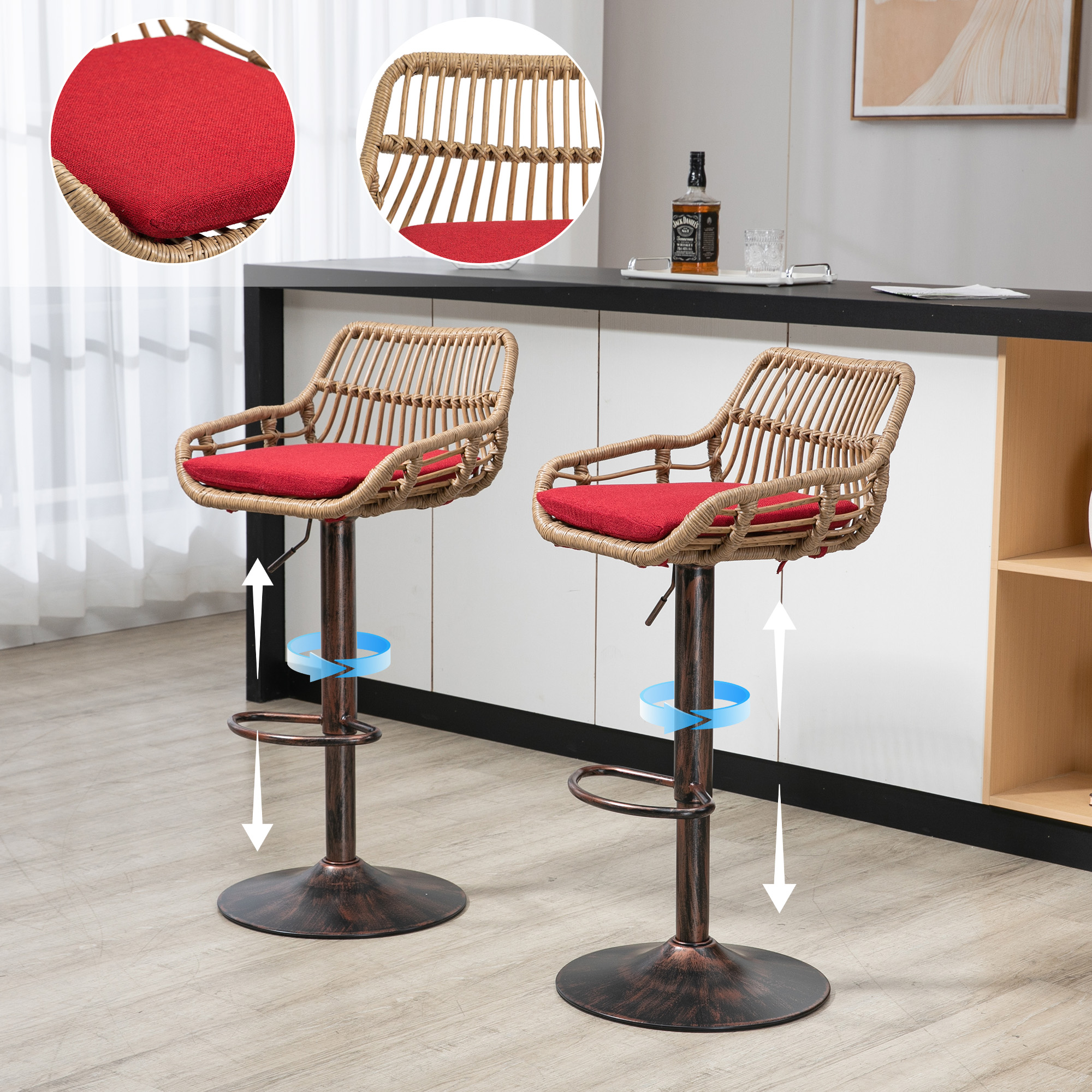 Juego de 2 taburetes de bar giratorios rojos, altura ajustable con reposapiés