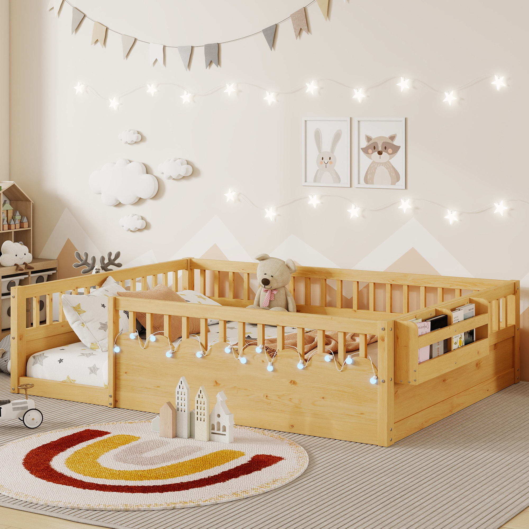 Cama Montessori de suelo Full, madera natural, barandales altos, luz y estante
