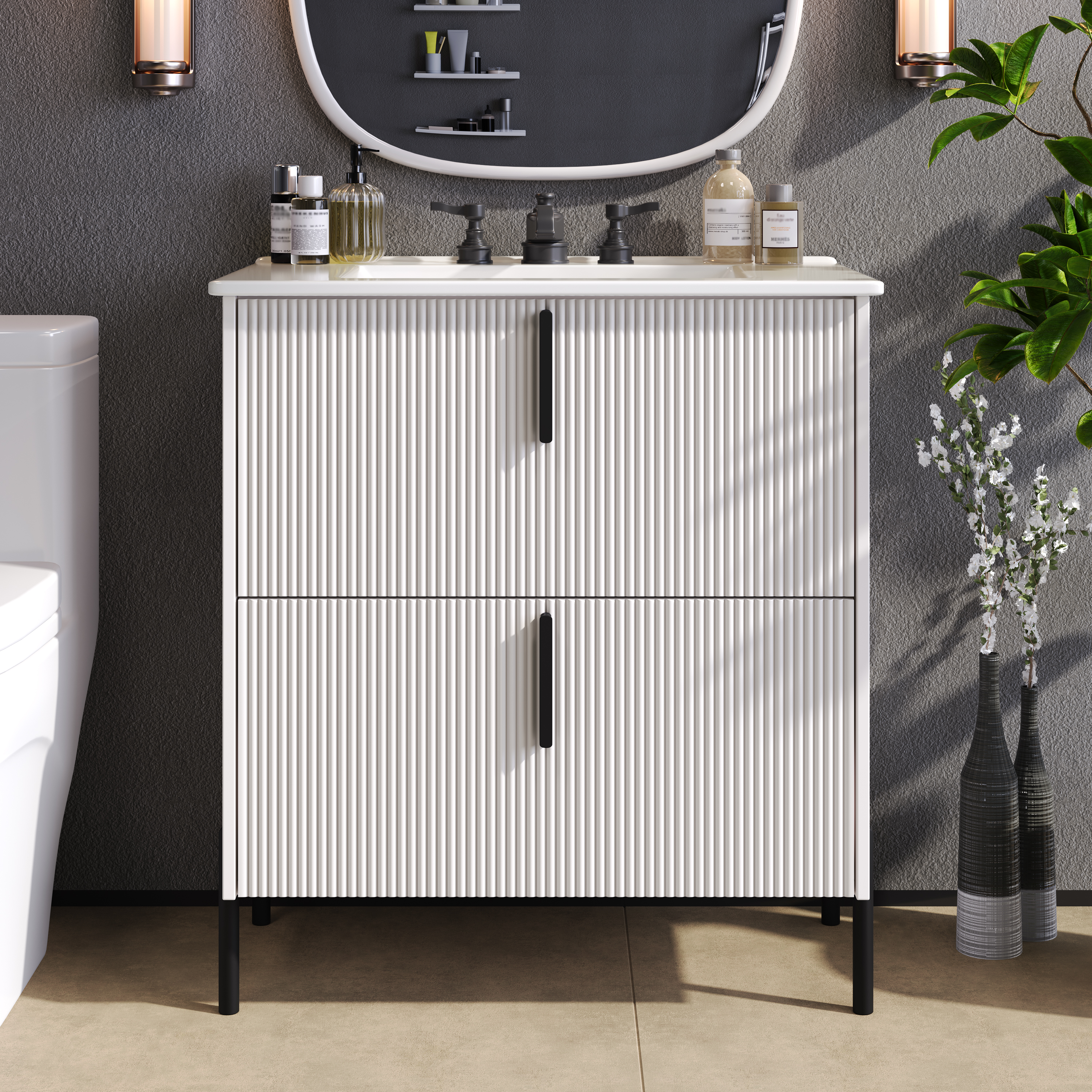 30 Bathroom Vanity With Ceramic Sink And Full-Extension Drawers, Soft Close Undermount Drawer Slides, Fluted Design, White