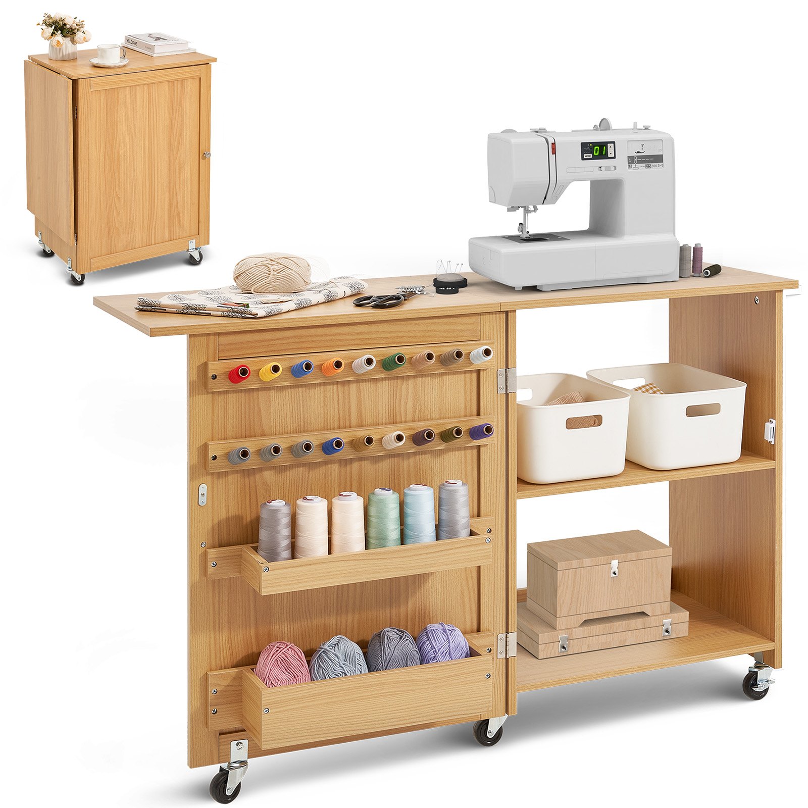 Mesa de costura plegable multiusos, con ruedas, estantes y puertas magnéticas