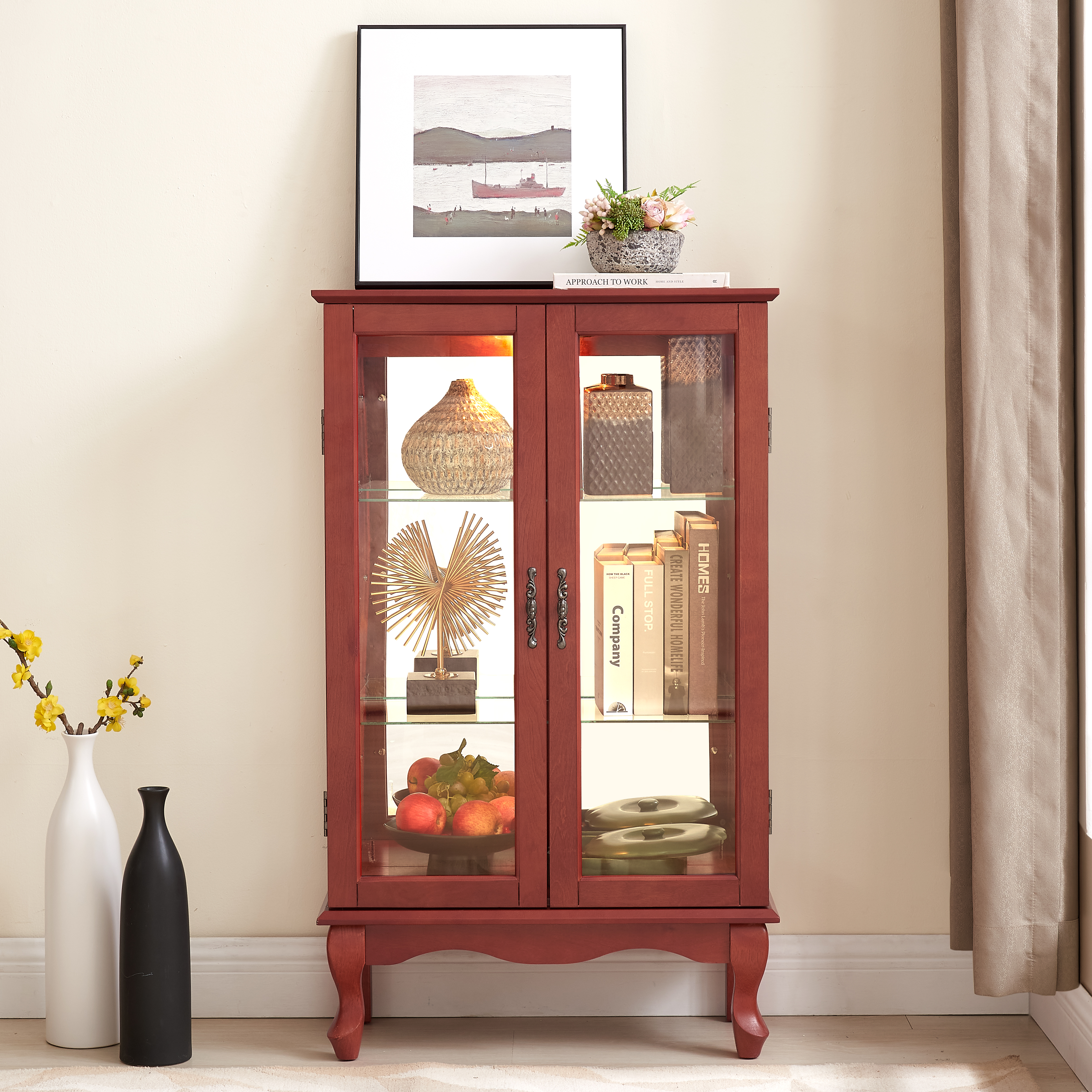 2 Doors Curio Cabinet With Tempered Glass Doors, Curio Cabinets With Mirrored Back Panel And Adjustable Shelves, Lighted Display Cabinet For Home, Office Light Bulb Included Cherry