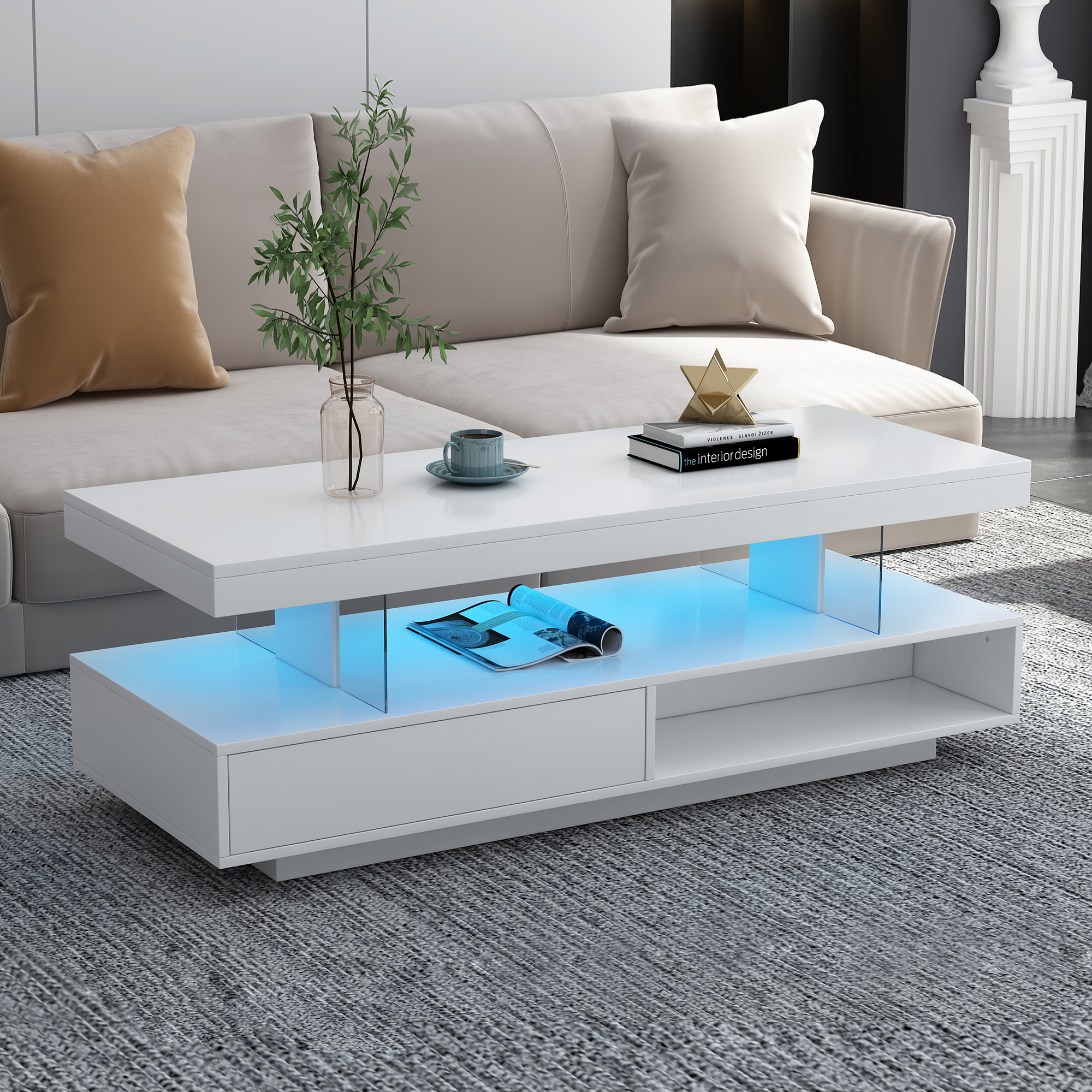 Mesa de centro LED VIBE HAUS con almacenamiento, 2 cajones y estantes, blanca