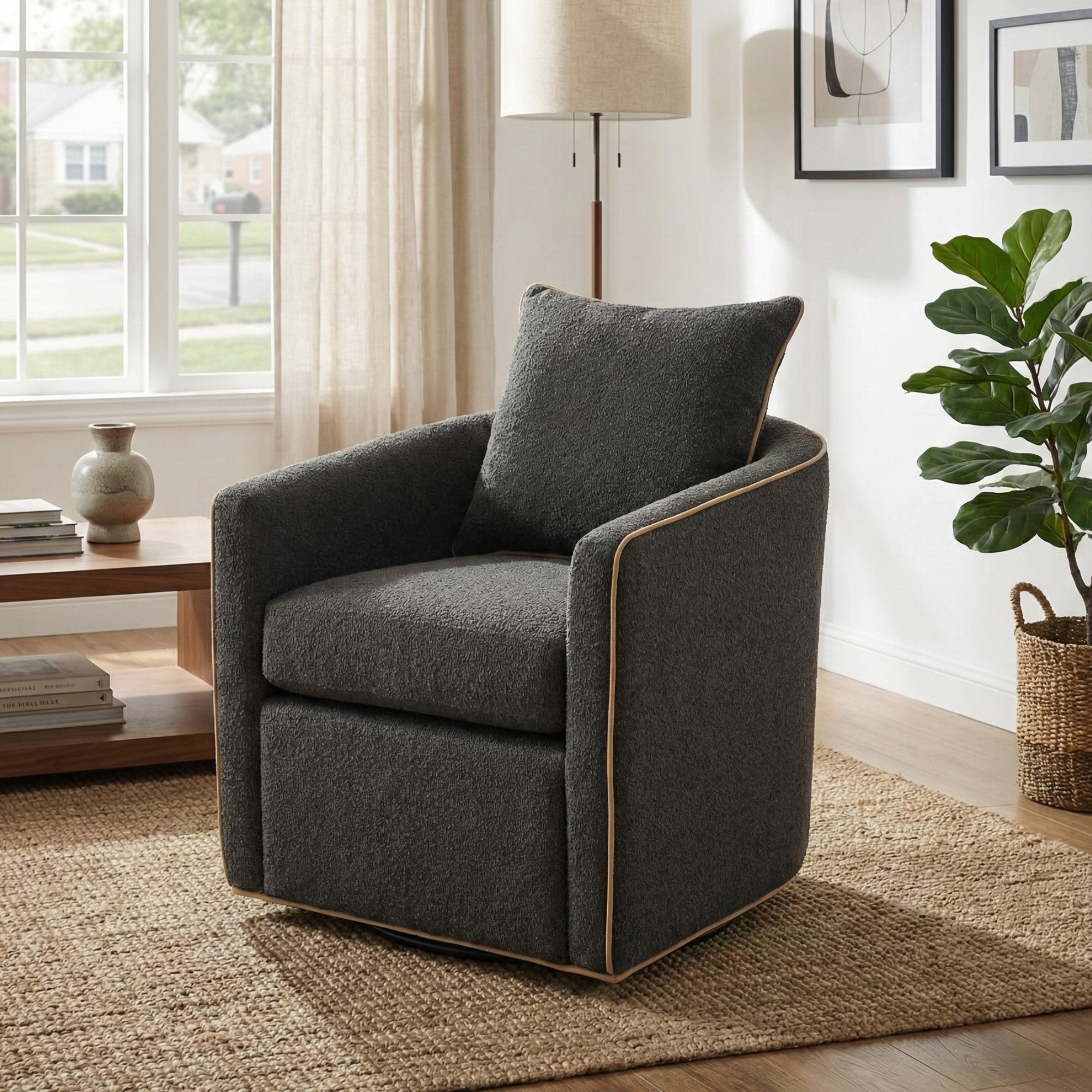 Swivel Accent Chair Upholstered Club Chair Barrel Sofa Chair for Living Room , Reading Corner, and Small Spaces, Dark Grey
