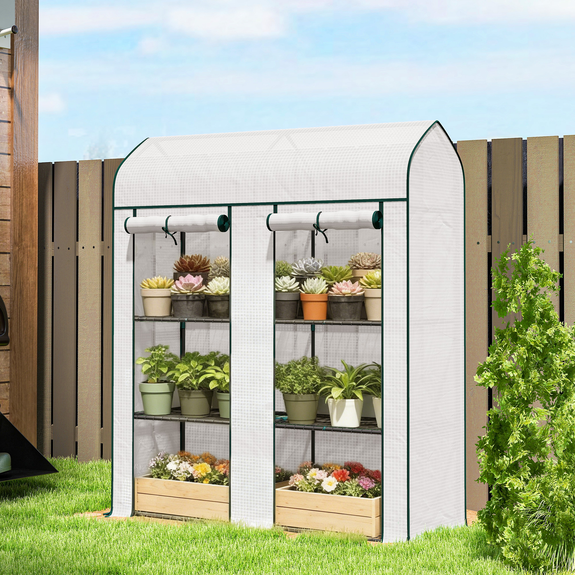 3 Tier Mini Greenhouse, Small Portable Greenhouse with 2 Roll-up Doors, 56.3" x 18.1" x 65", White