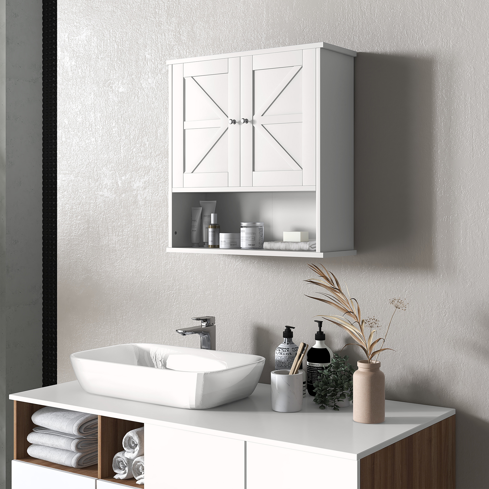 Farmhouse Bathroom Medicine Cabinet, Wall Cabinet with Barn Doors and Adjustable Shelf for Laundry Room, White