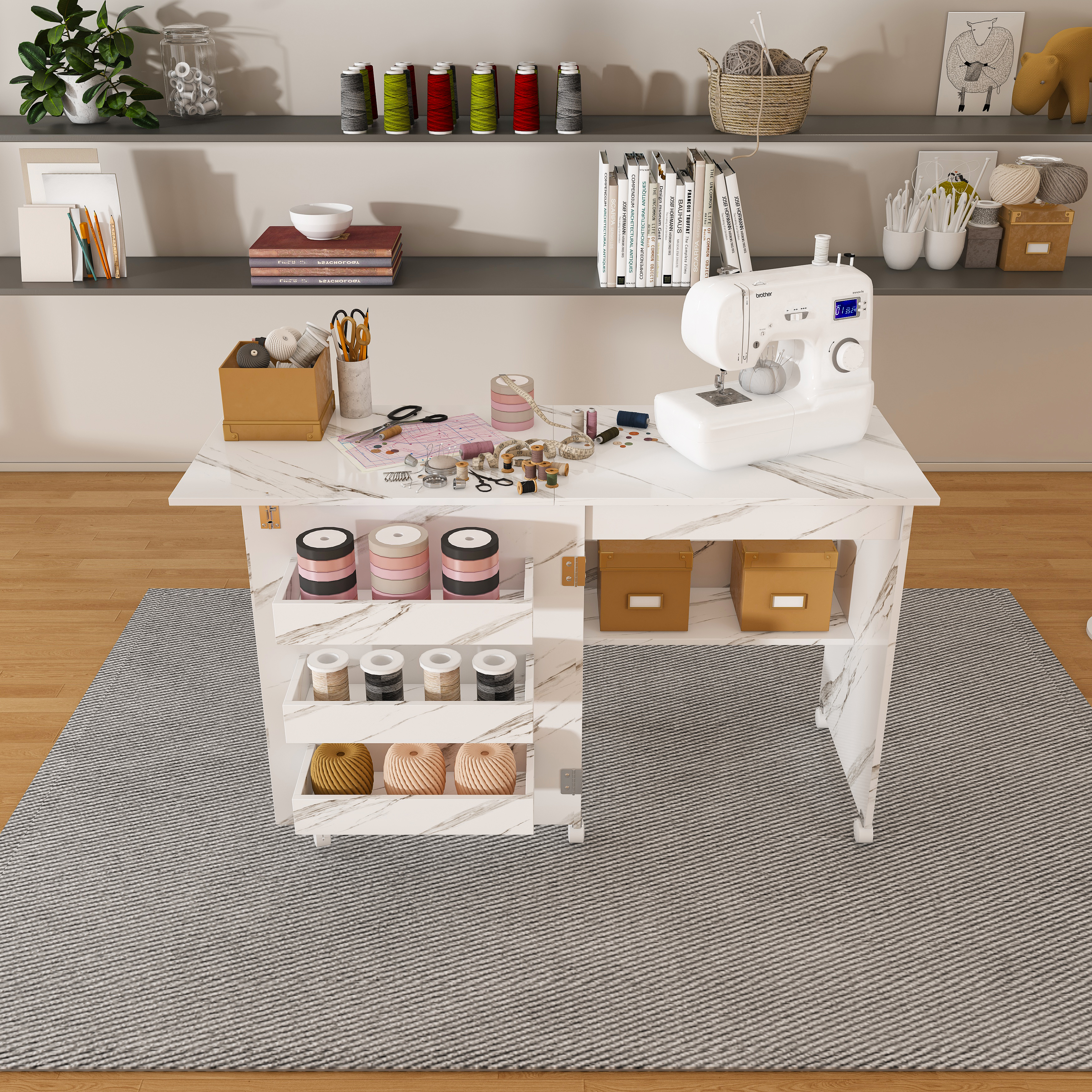 4-in-1 Folding Sewing Table With Lockable Wheels - Multi-Functional Craft Station  End Table  Computer Desk & Kitchen Storage With Shelves  White Rolling Sewing Machine Table For Apartments