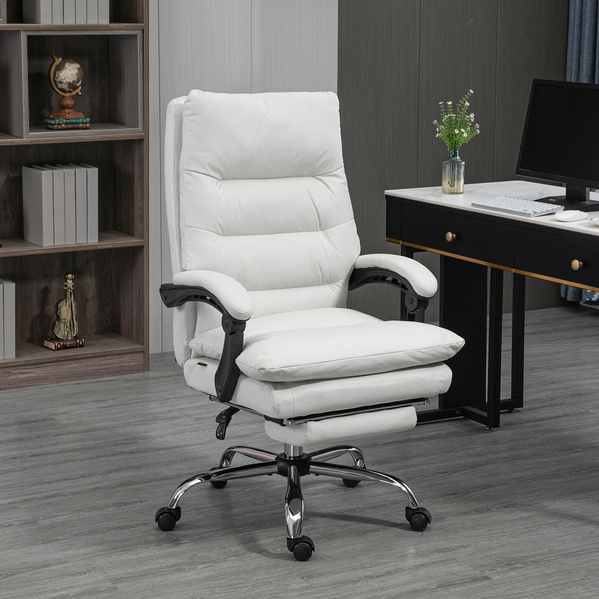 Microfibre Executive Massage Office Chair, Computer Desk Chair, Reclining Chair with Footrest, Double-tier Padding, Swivel Wheels, Cream White