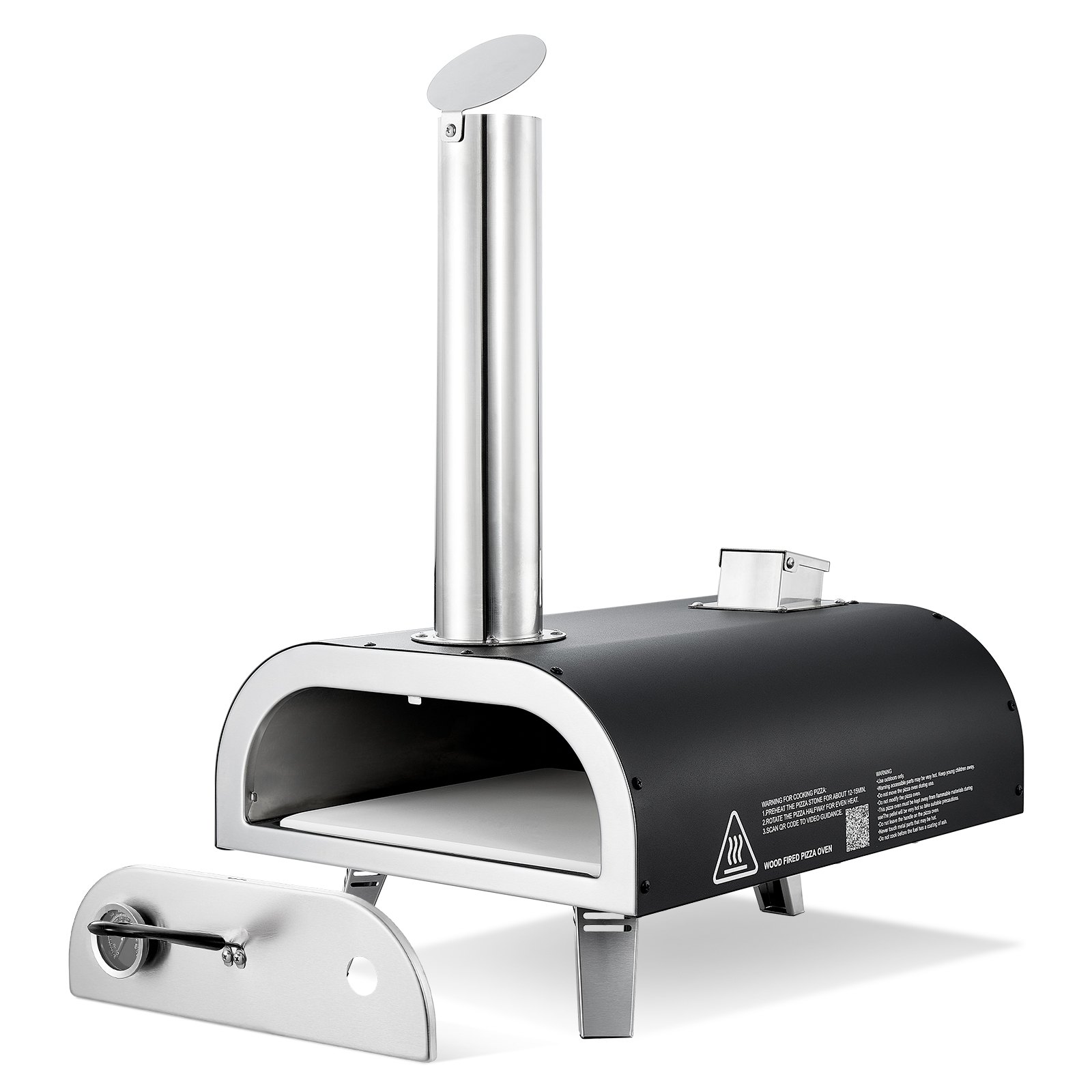 Dual Fuel Pizza Oven Outdoor, 12 In Wood Fire & Propane Gas Pizza Oven, Portable Pellet & Propane Pizza-Maker With Thermometer, Iron Spray Black Shell Pizza-Cook For Outside Camping & Backyard