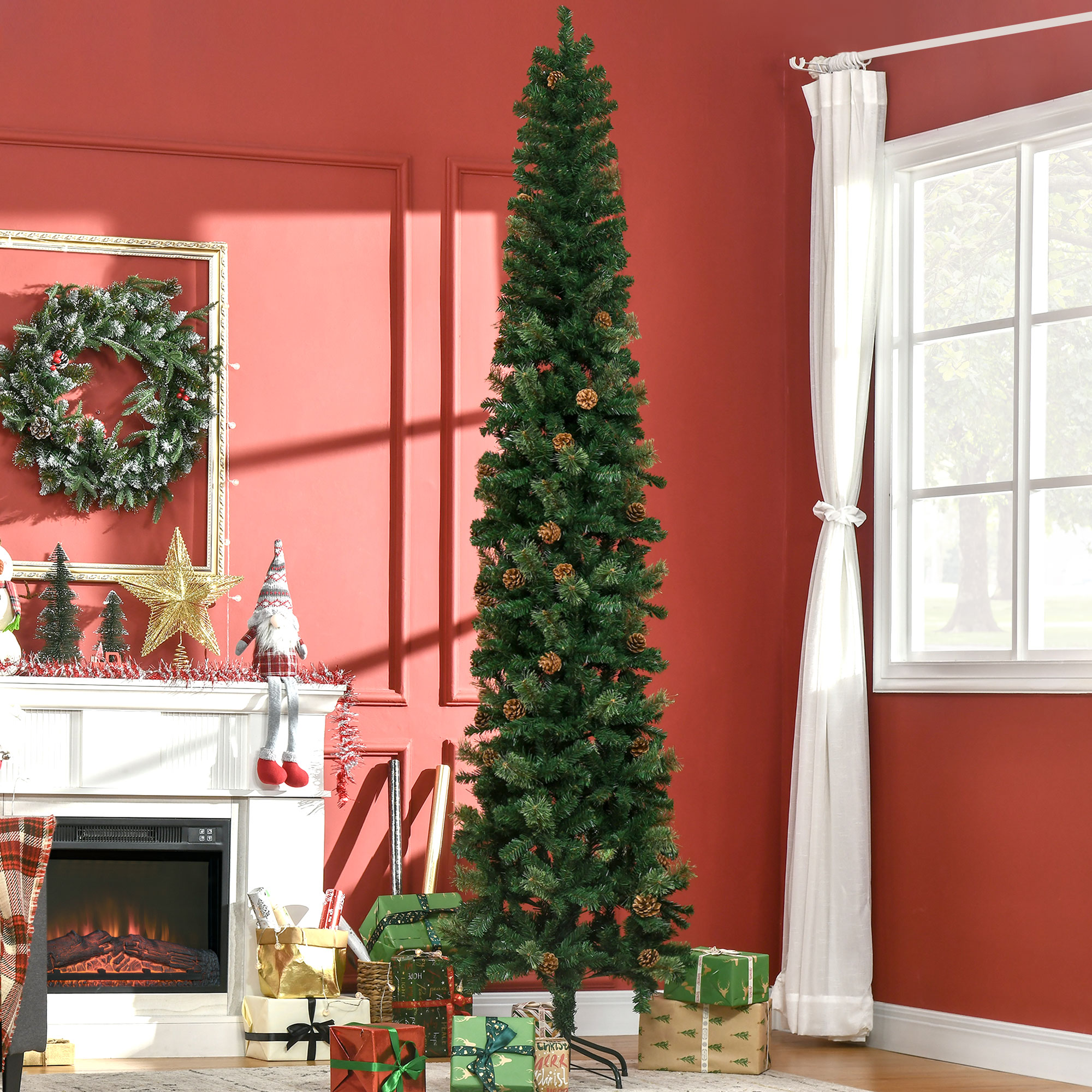 Árbol de Navidad artificial tipo lápiz de 9.5 pies, piñas y base metálica, verde