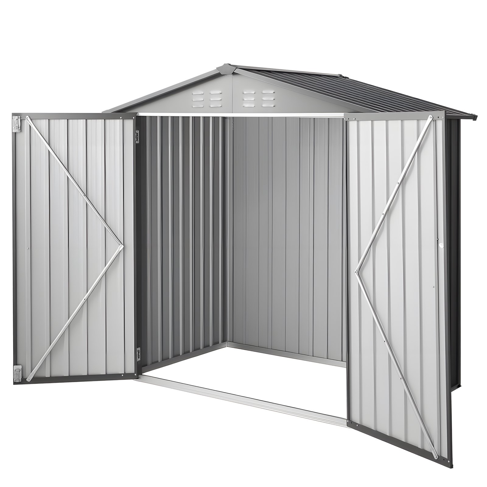 Cobertizo de jardín de metal 6x4 pies, puertas con cerradura, 4 rejillas, gris