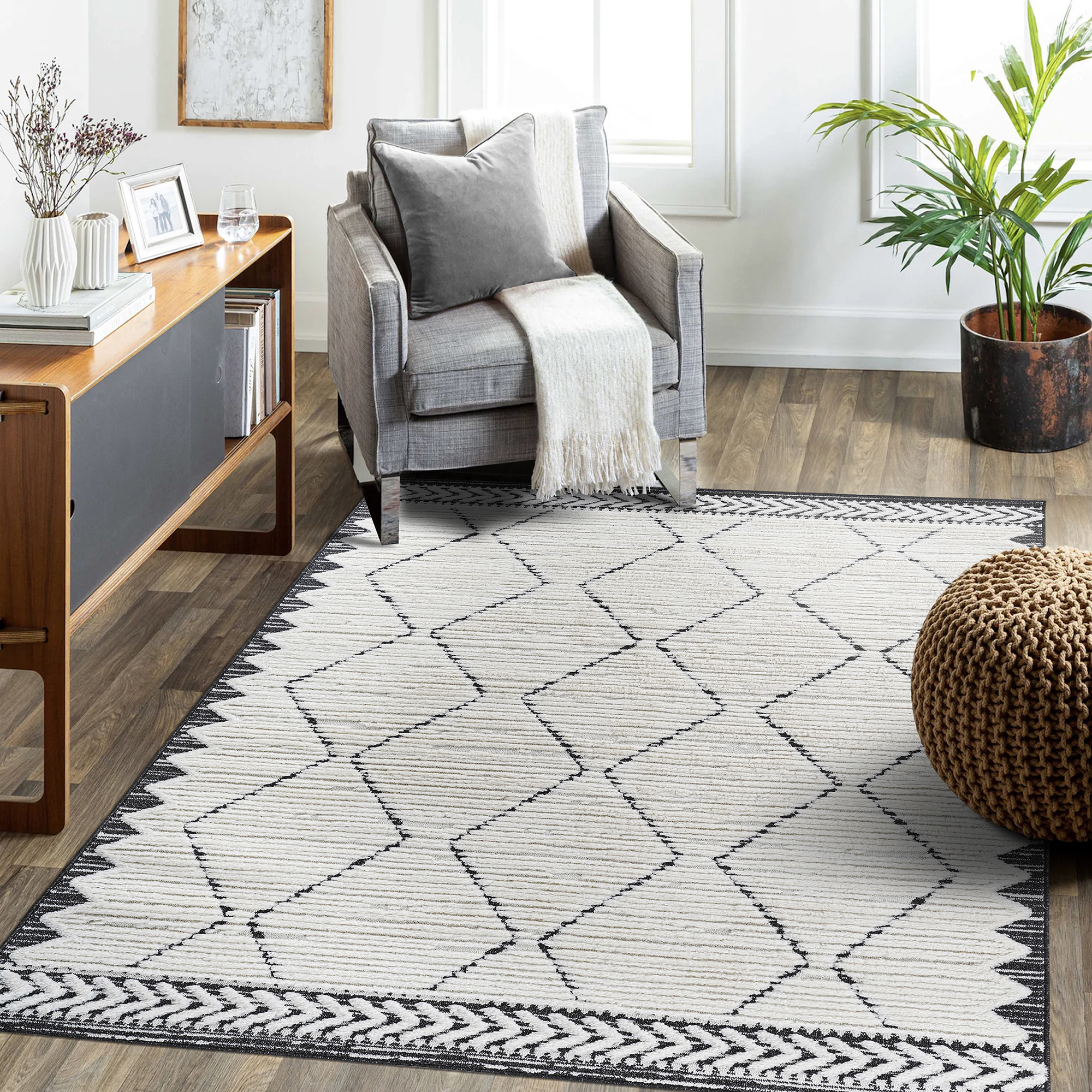 Step Collection High-Low Trellis Cream Anthracite Indoor Area Rug, 7'9''x10', Modern, Contemporary, Geometric, Bohemian, Bedroom, Kitchen, Living Room, Non Shedding Carpet