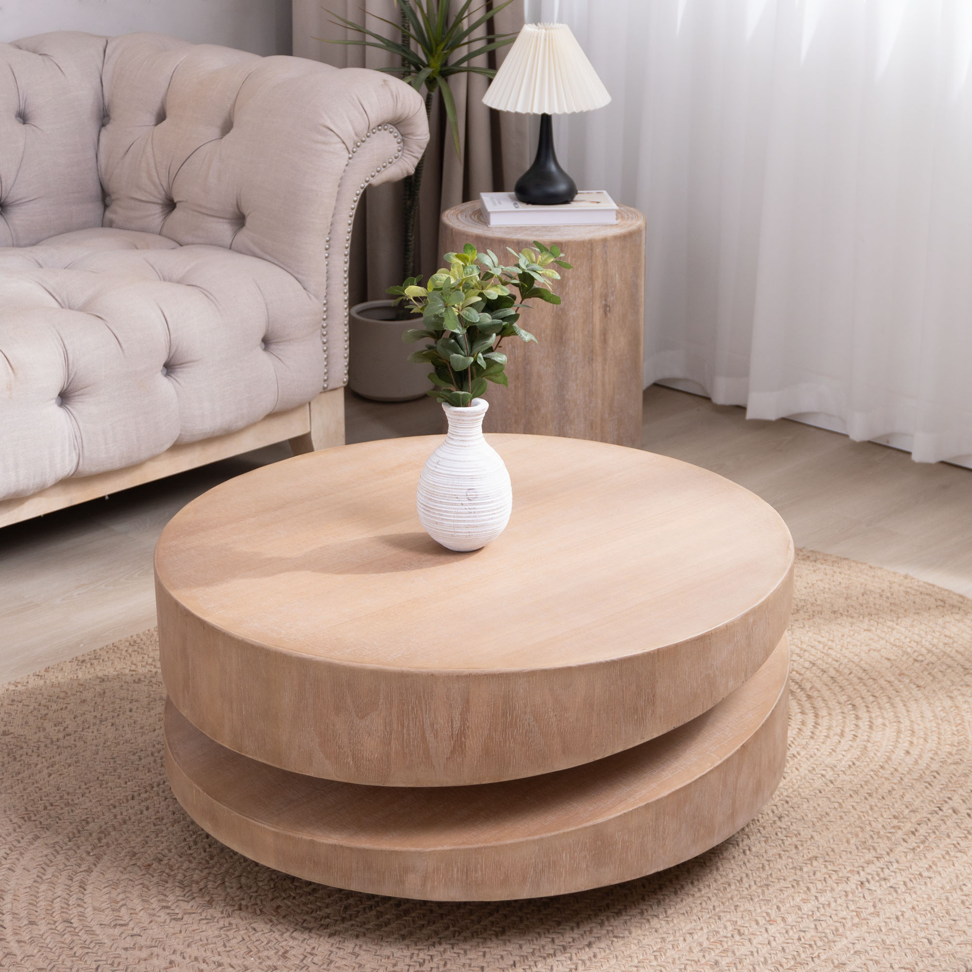 Modern Round Wood Coffee Table -31.3  Natural Finish Accent Table For Living Room