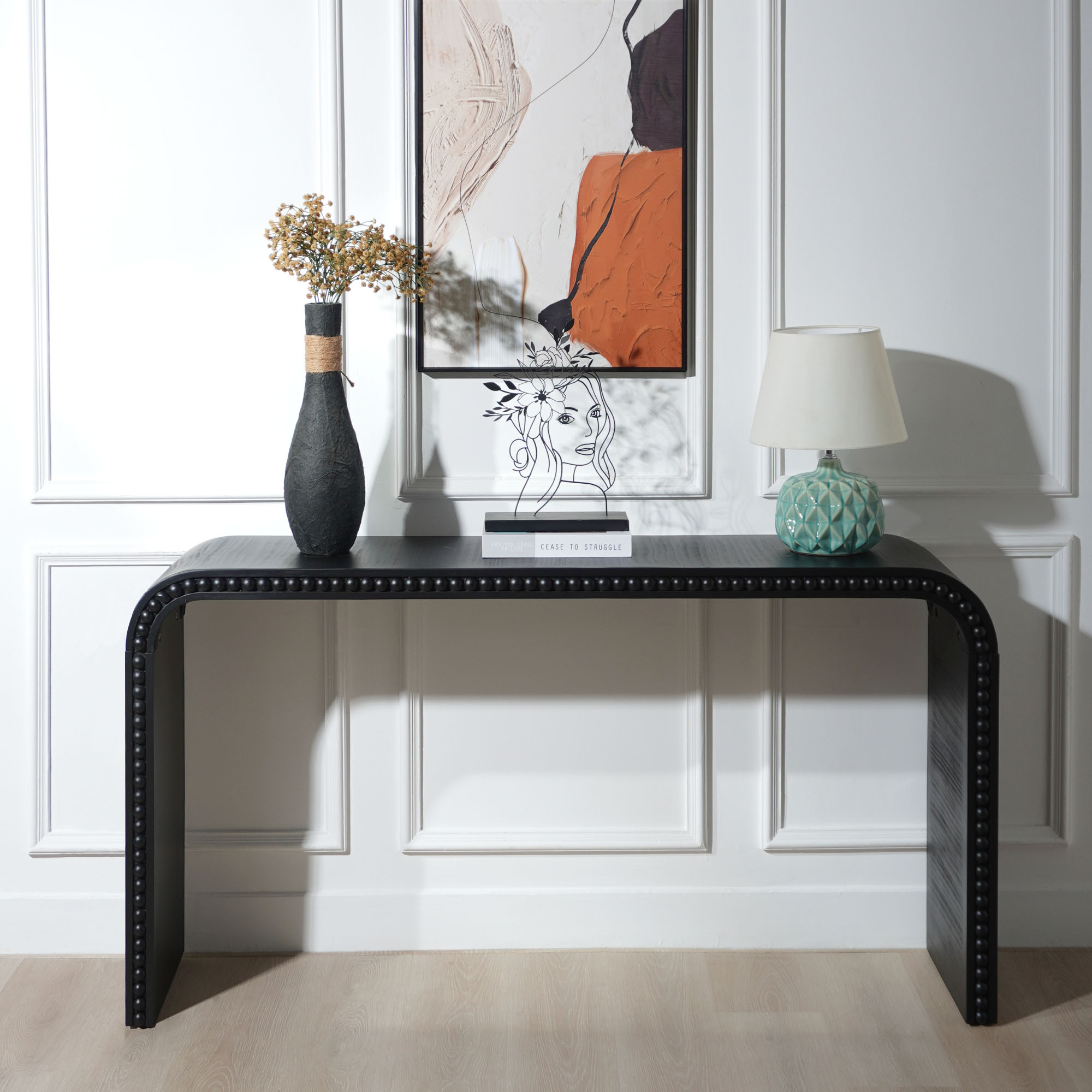Mesa consola de madera negra de 59 pulgadas, estilo cascada curvada