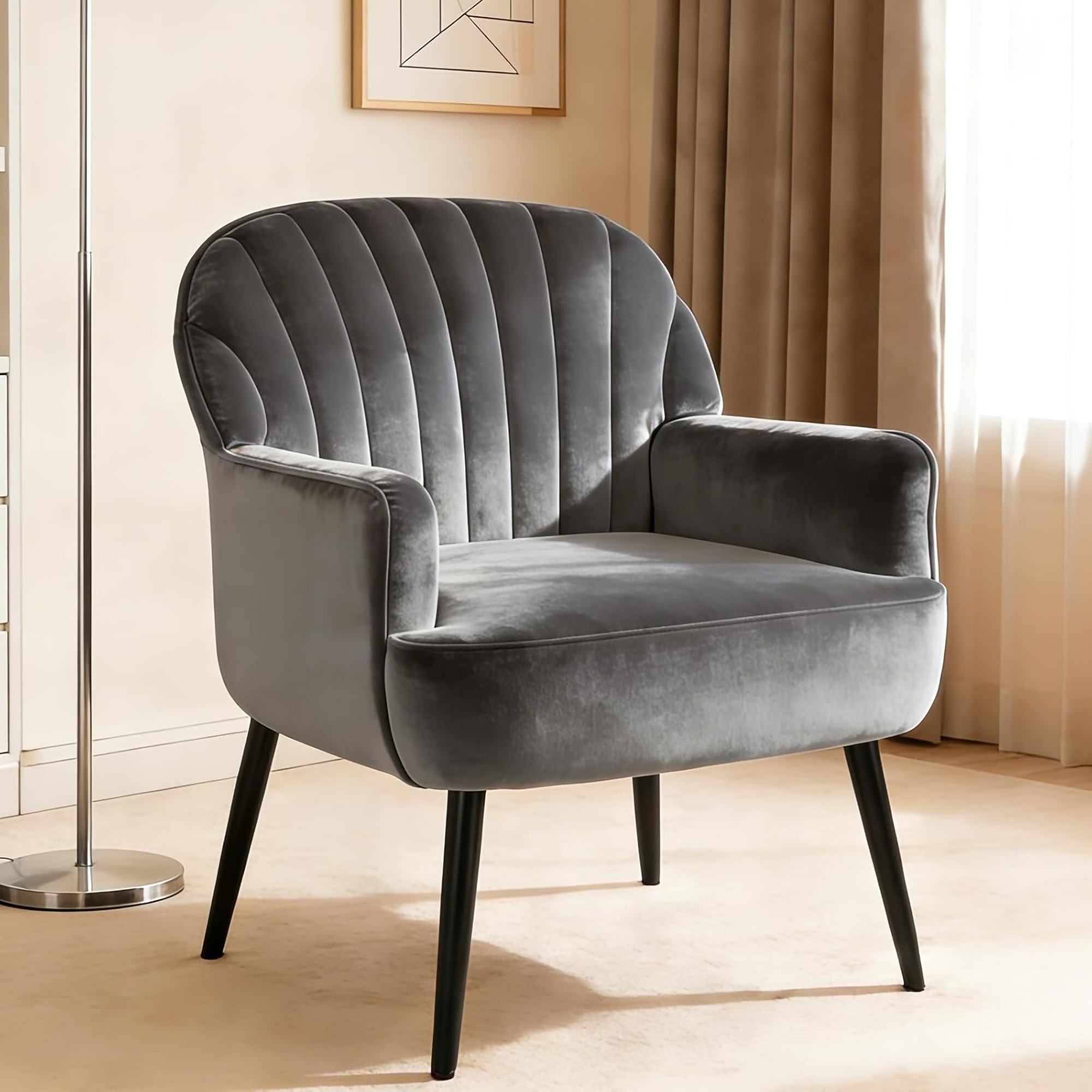 Velvet Accent Chair, Modern Upholstered Living Room Chairs, Luxury Single Sofa Armchair with Metal Legs, Comfy Barrel Chairs for Living Room, Waiting Room, Bedroom, Office and Cafe, Grey