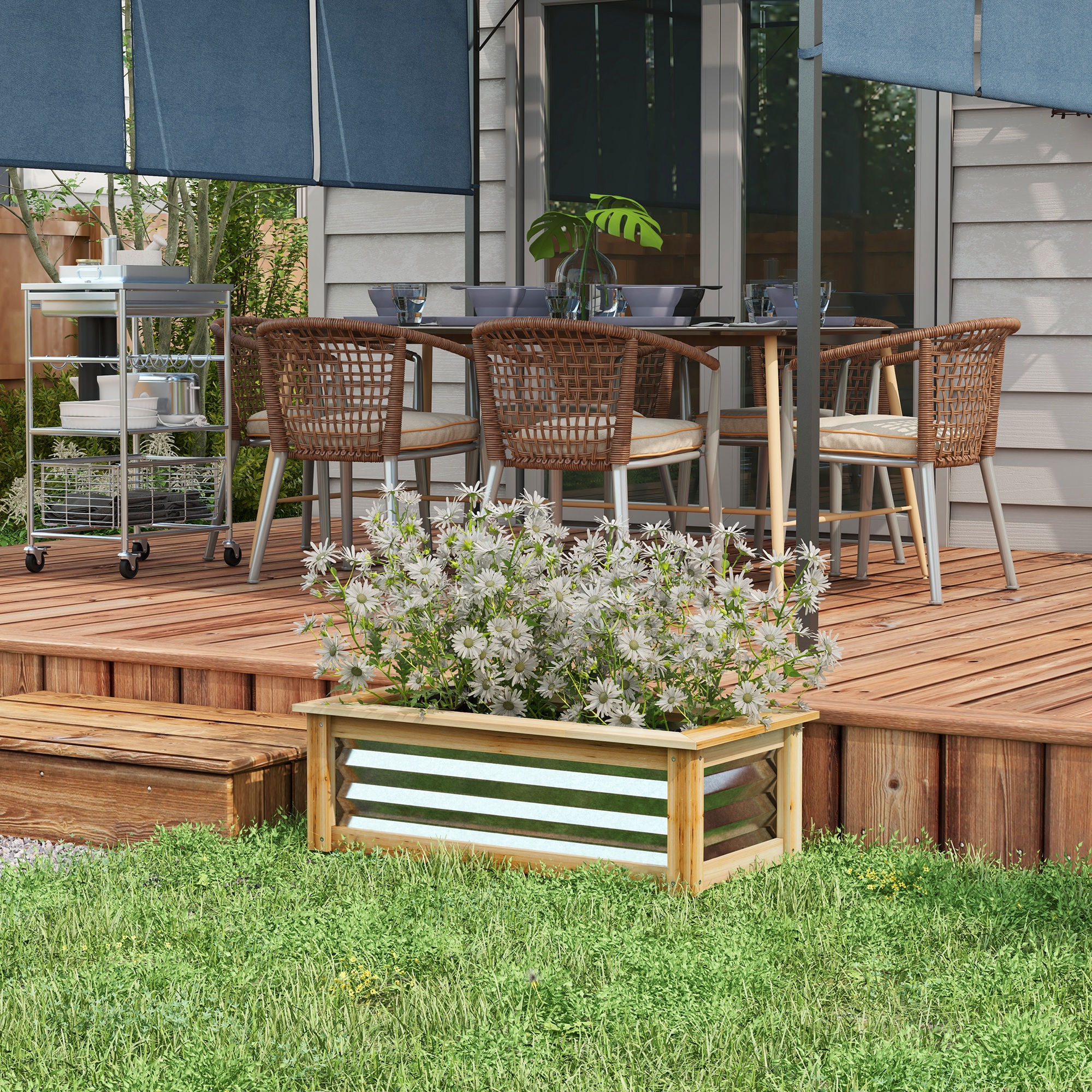 Cama de jardín elevada de metal y madera para cultivar flores, hierbas y vegetales