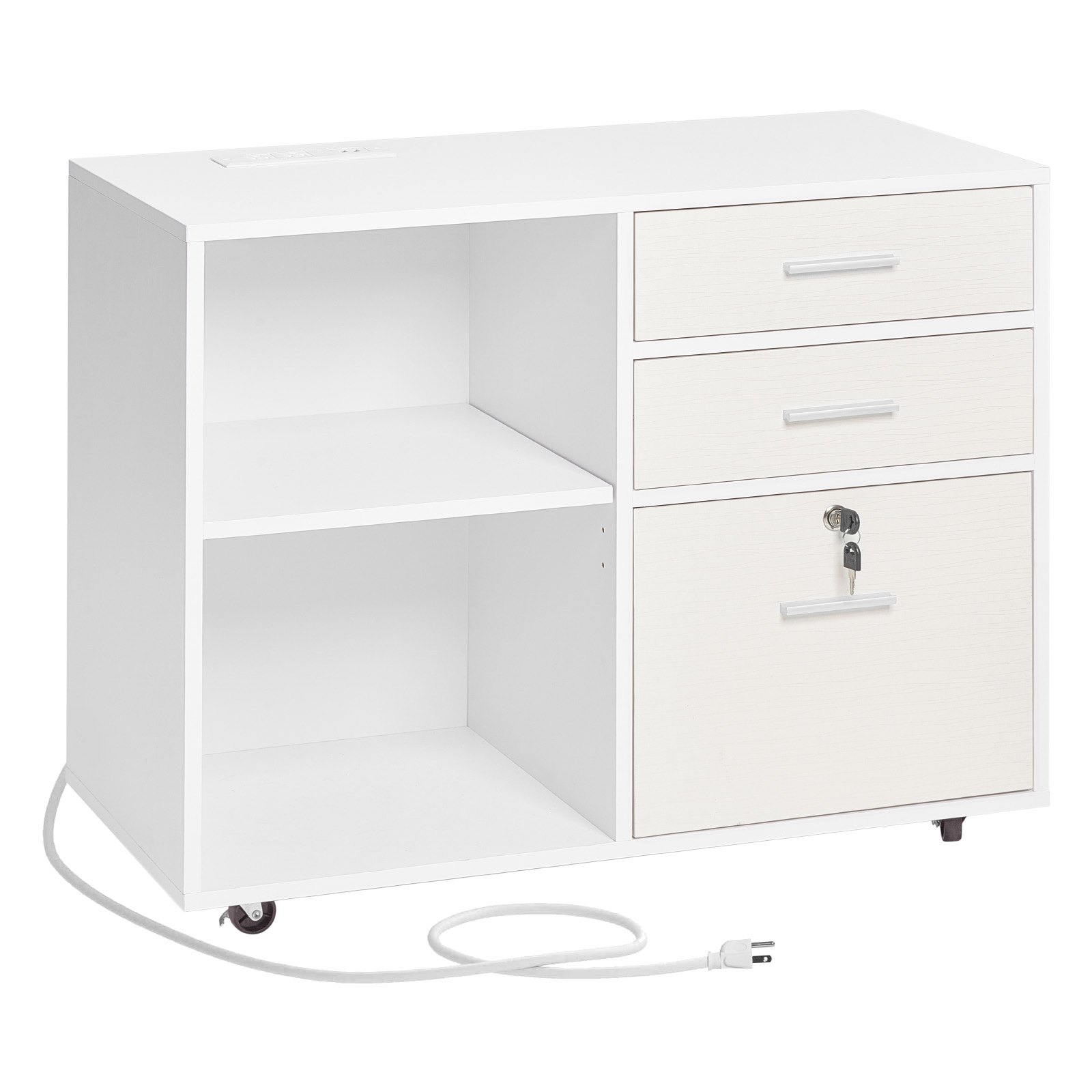 Archivador de madera móvil con 3 cajones y tira de luz LED, color blanco