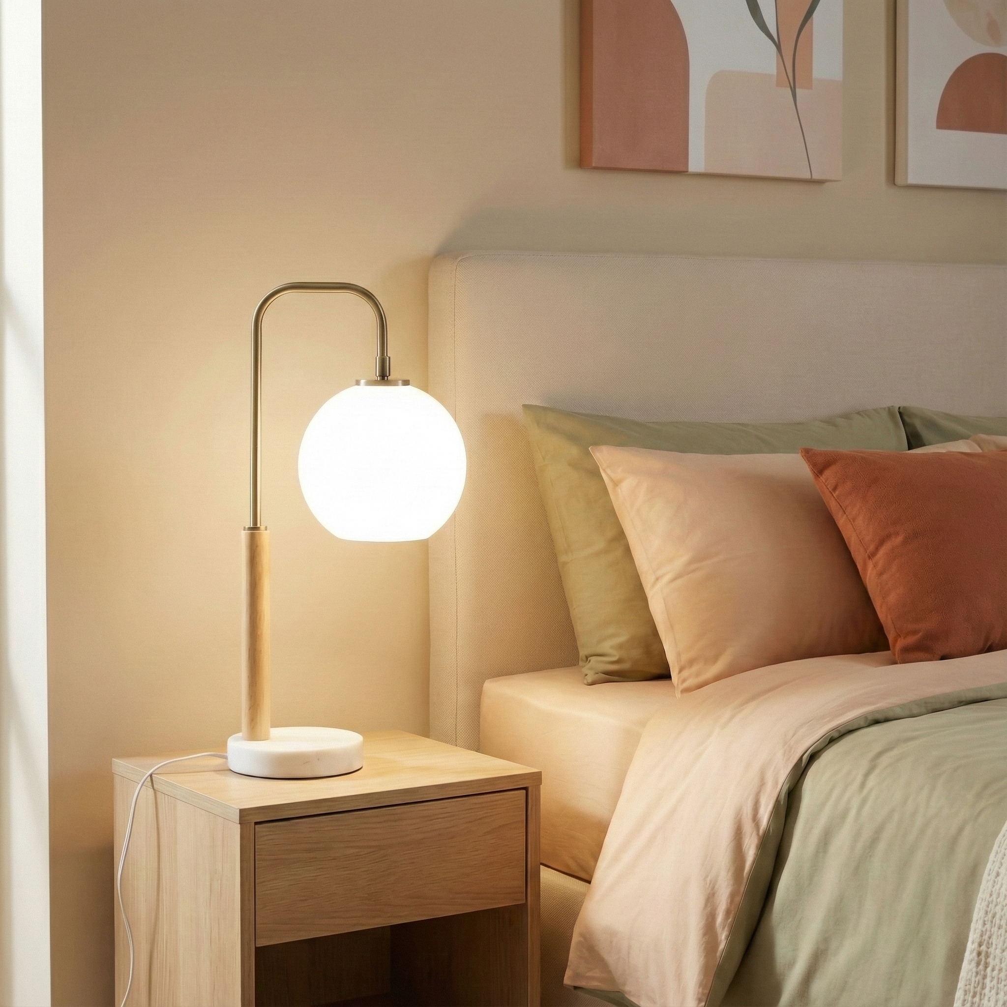 Lámpara de mesa Auris con base de mármol, globo blanco, para dormitorio o estudio