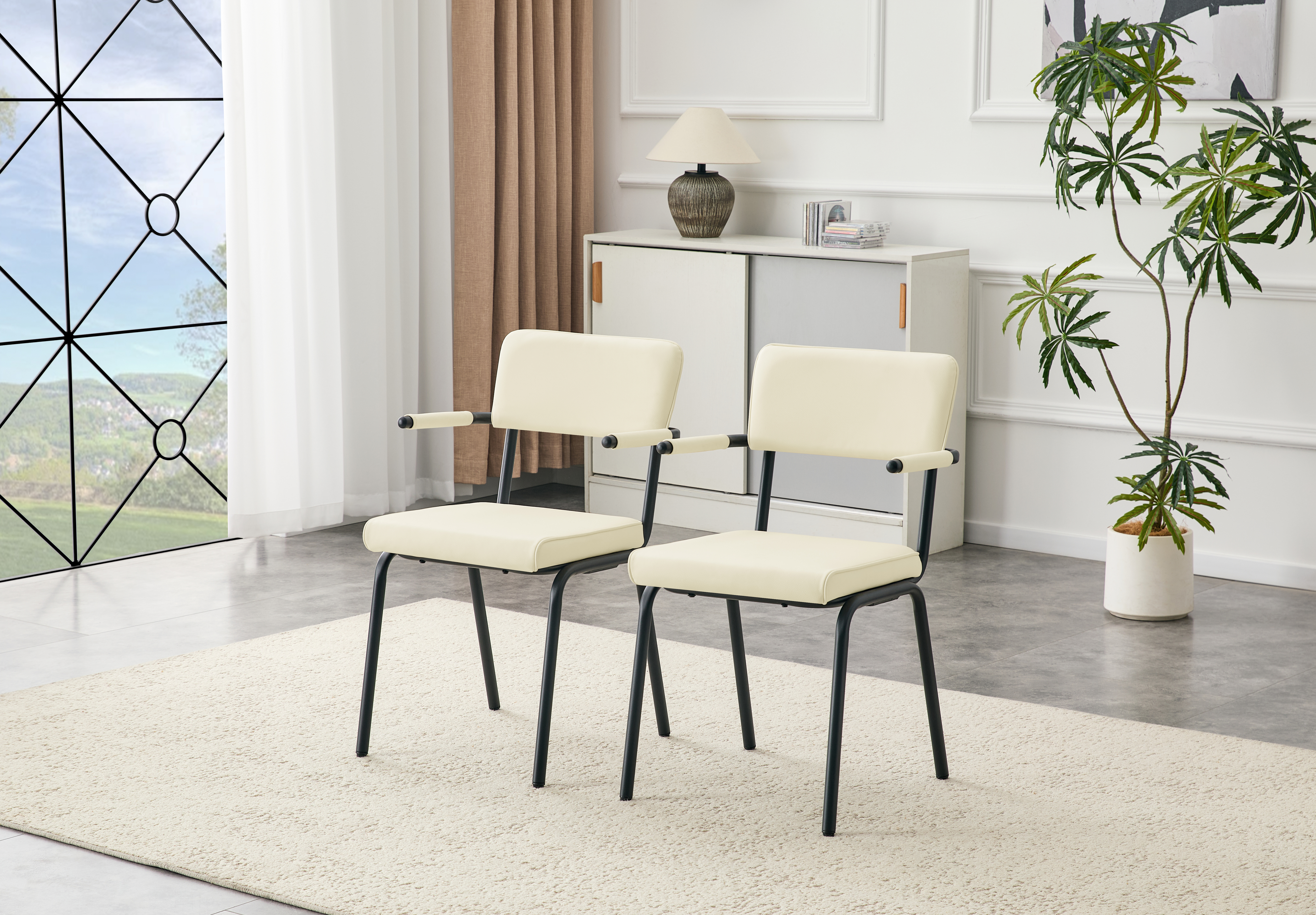 Sillas de comedor tapizadas de cuero premium, patas de metal, blanco roto (juego de 2)