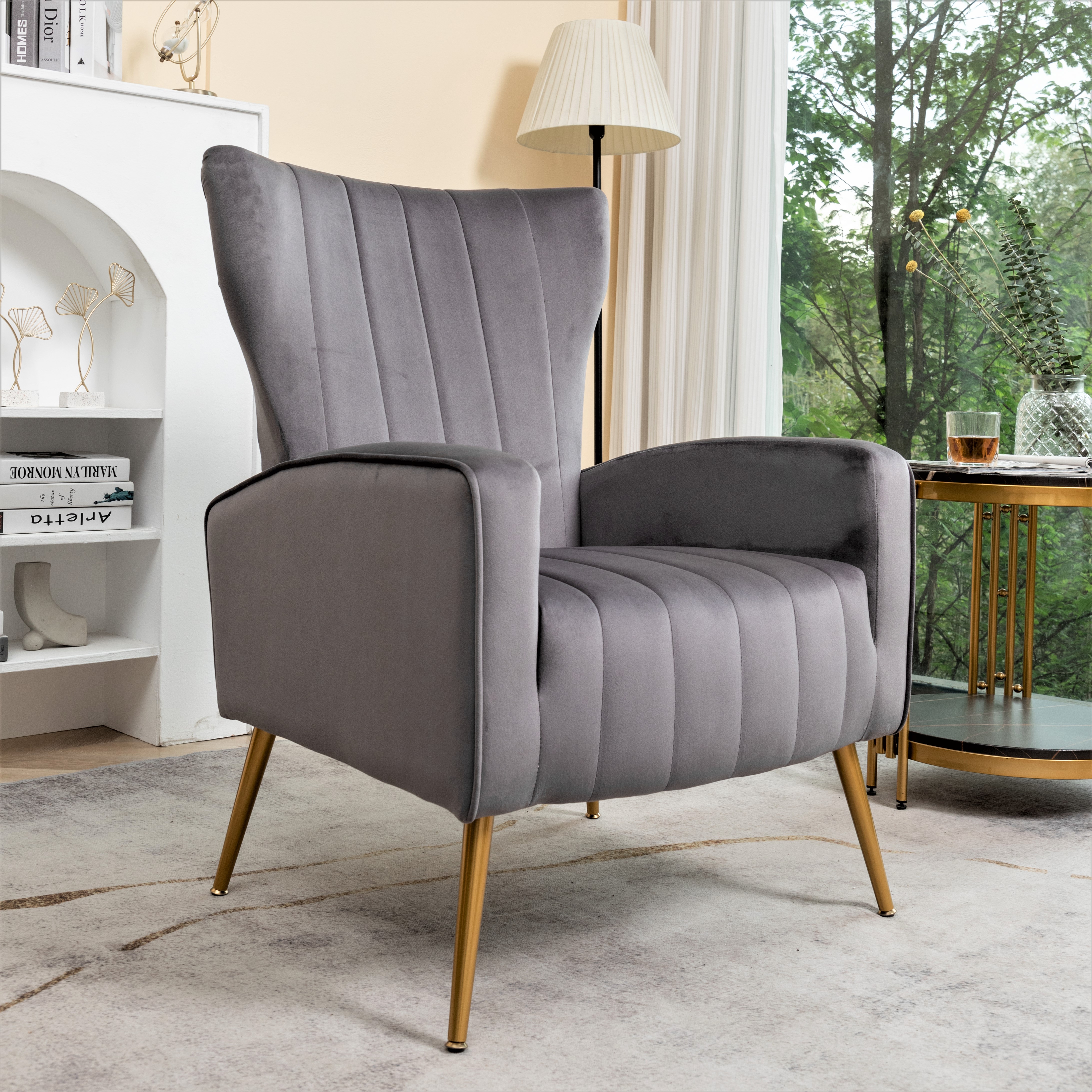 Sillón decorativo de terciopelo con patas de metal, tapizado moderno, estilo wingback