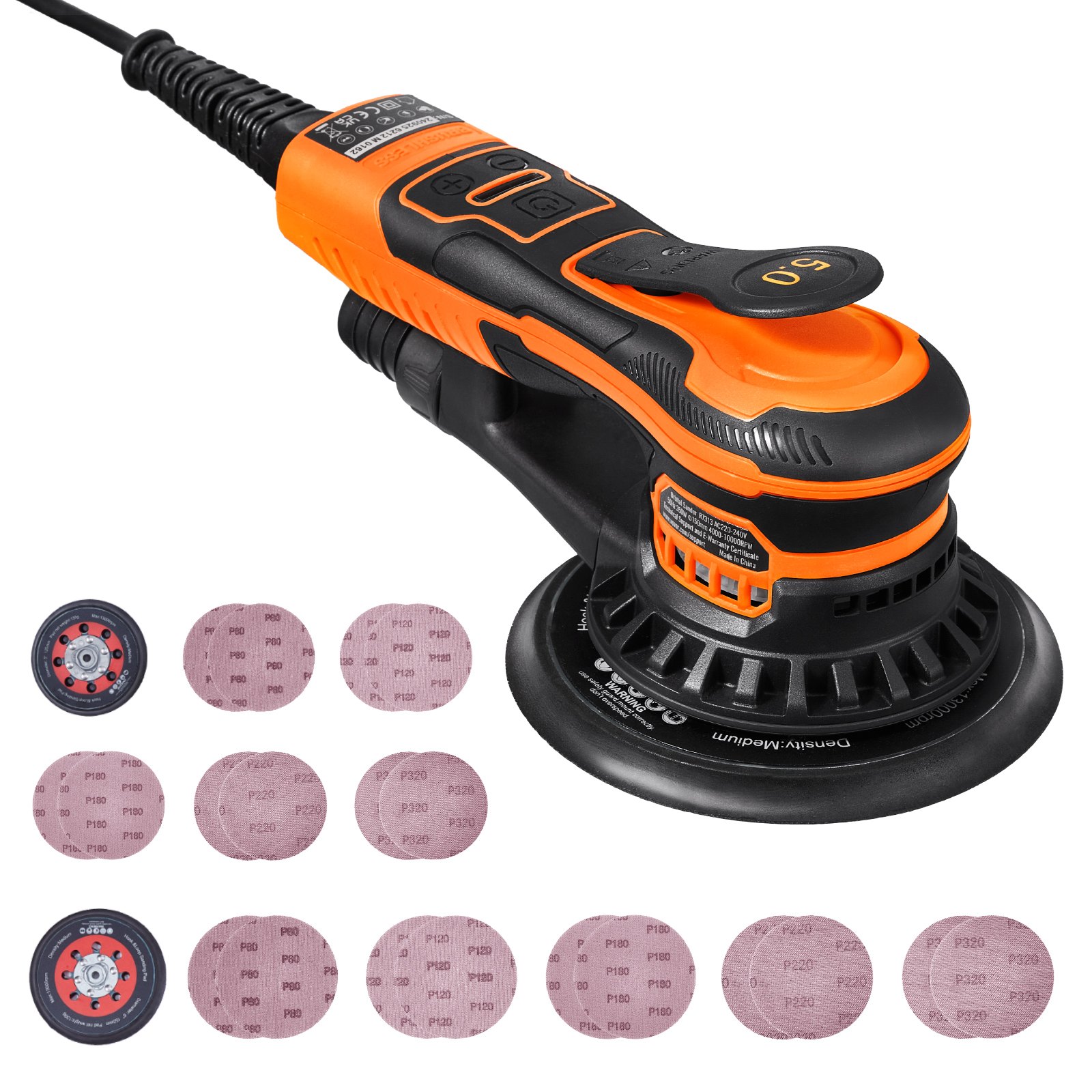 Random Orbital Sander 5 & 6-Inch, 350W Brushless Orbital Sander, 10,000 PRM 6 Variable Speed Electric Palm Sander With 20PCS Sandpapers, Dust Connector & Hose For Woodworking Detailing Sanding