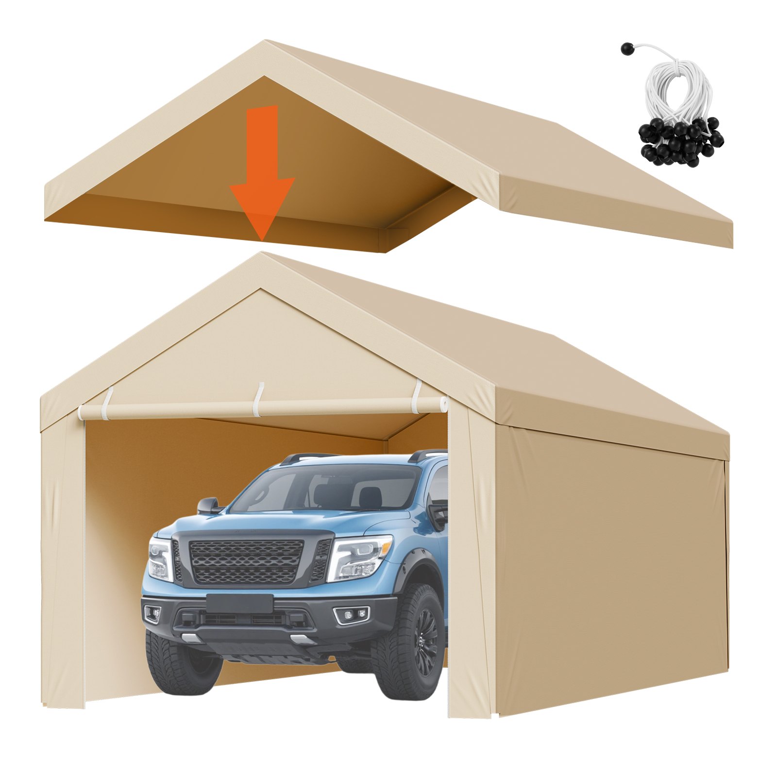 Carport Replacement Canopy, 10 X 20 Ft Potable Garage Tent Top Tarp With Sidewalls, UV-Resistant & Waterproof, Heavy Duty Car Shelter Tarp With Ball Buggees, Beige, Frame Not Included