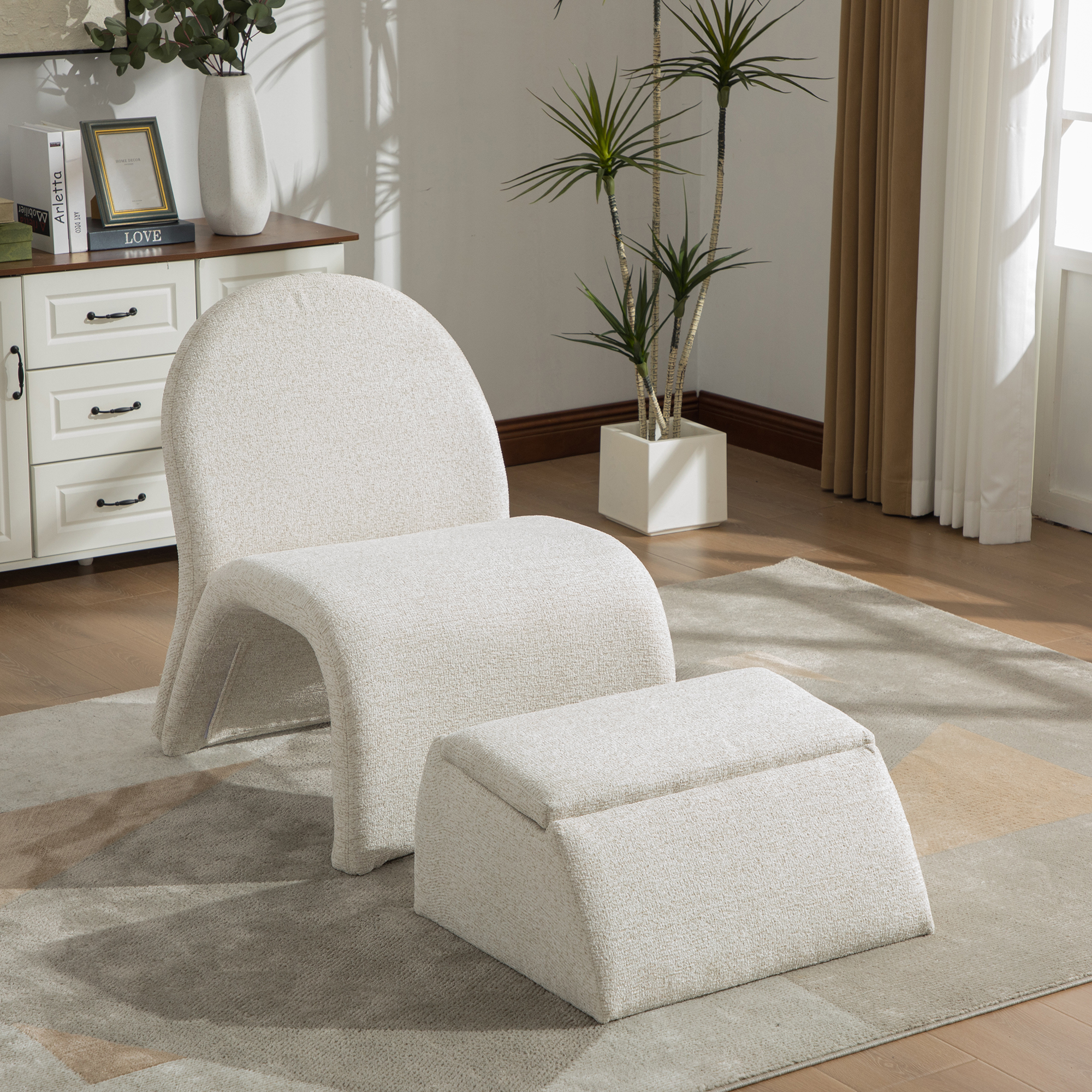 24.8 " Wide Modern Upholstered Armless Chair with Storage Ottoman, Chenille Accent Chair for Living Room,Bedroom,Office and Reading Room,  Beige