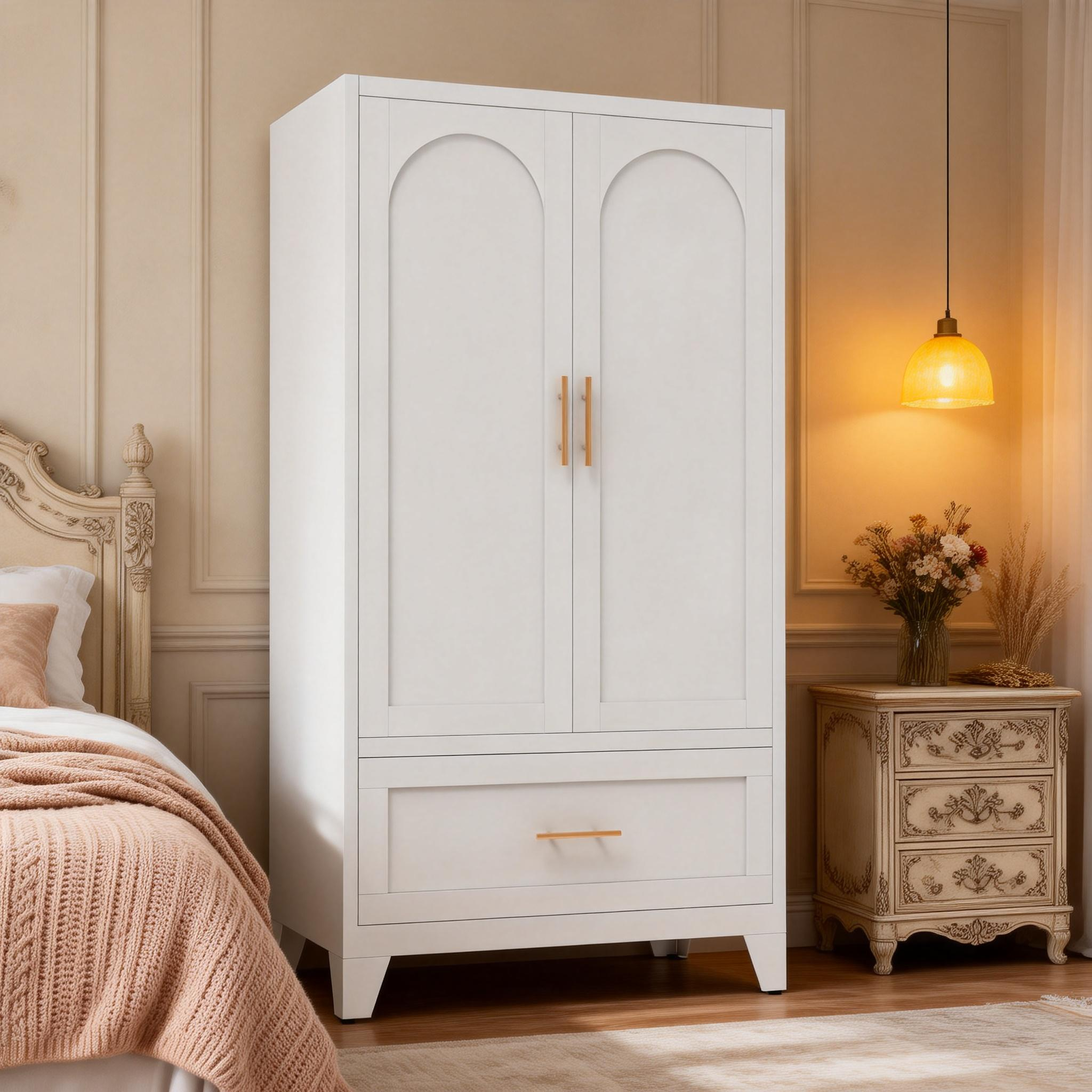 Armario metálico de 60 pulgadas de alto con 1 cajón, barra para colgar y 2 puertas, blanco.