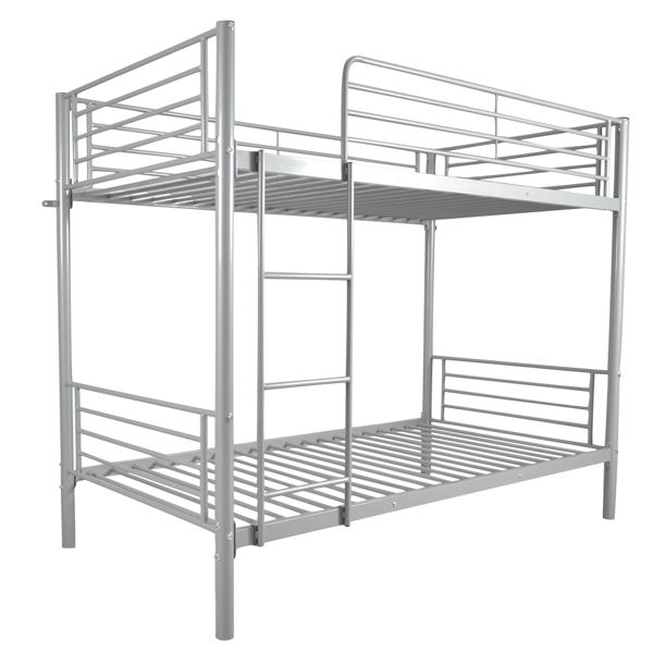 Litera de hierro con escalera para niños, tamaño individual, color gris.