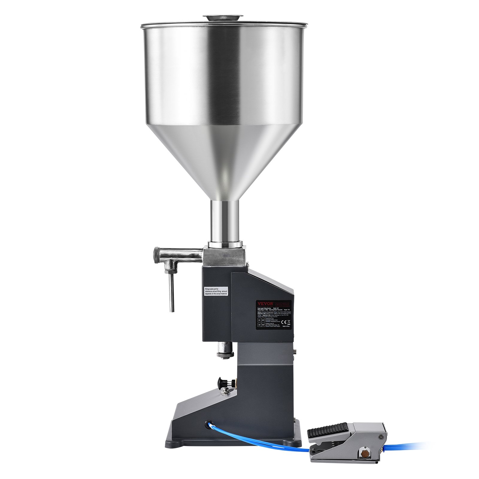 Máquina de llenado de líquidos y pastas neumática, 5-50 ml, acero inoxidable, con pedal.