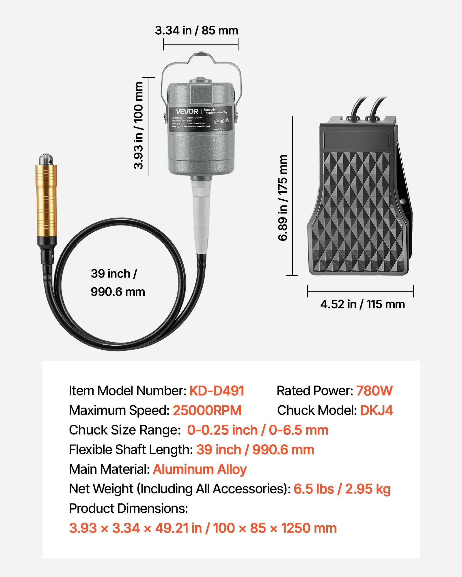 Amoladora de eje flexible eléctrica 780W 25000RPM con pedal y kit de 112 accesorios
