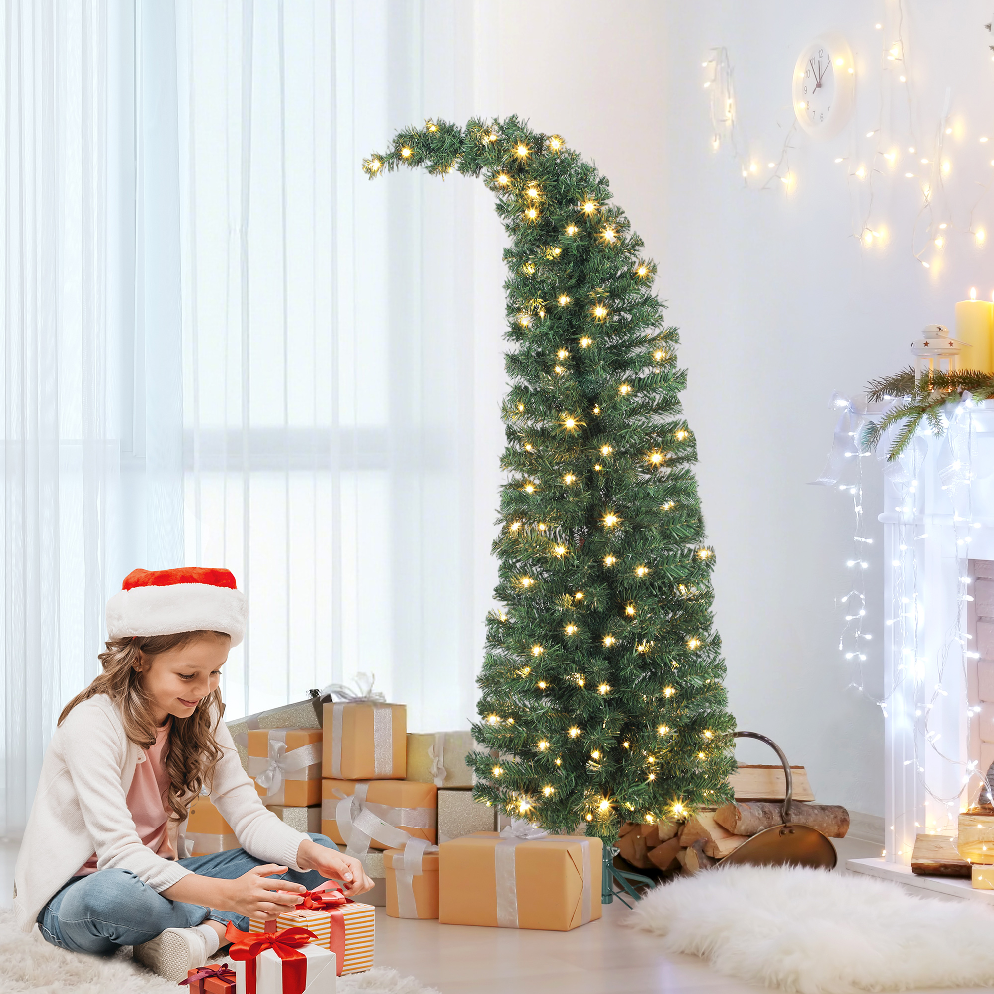 Árbol de Navidad artificial preiluminado de 5 pies, delgado, 100 LED, verde